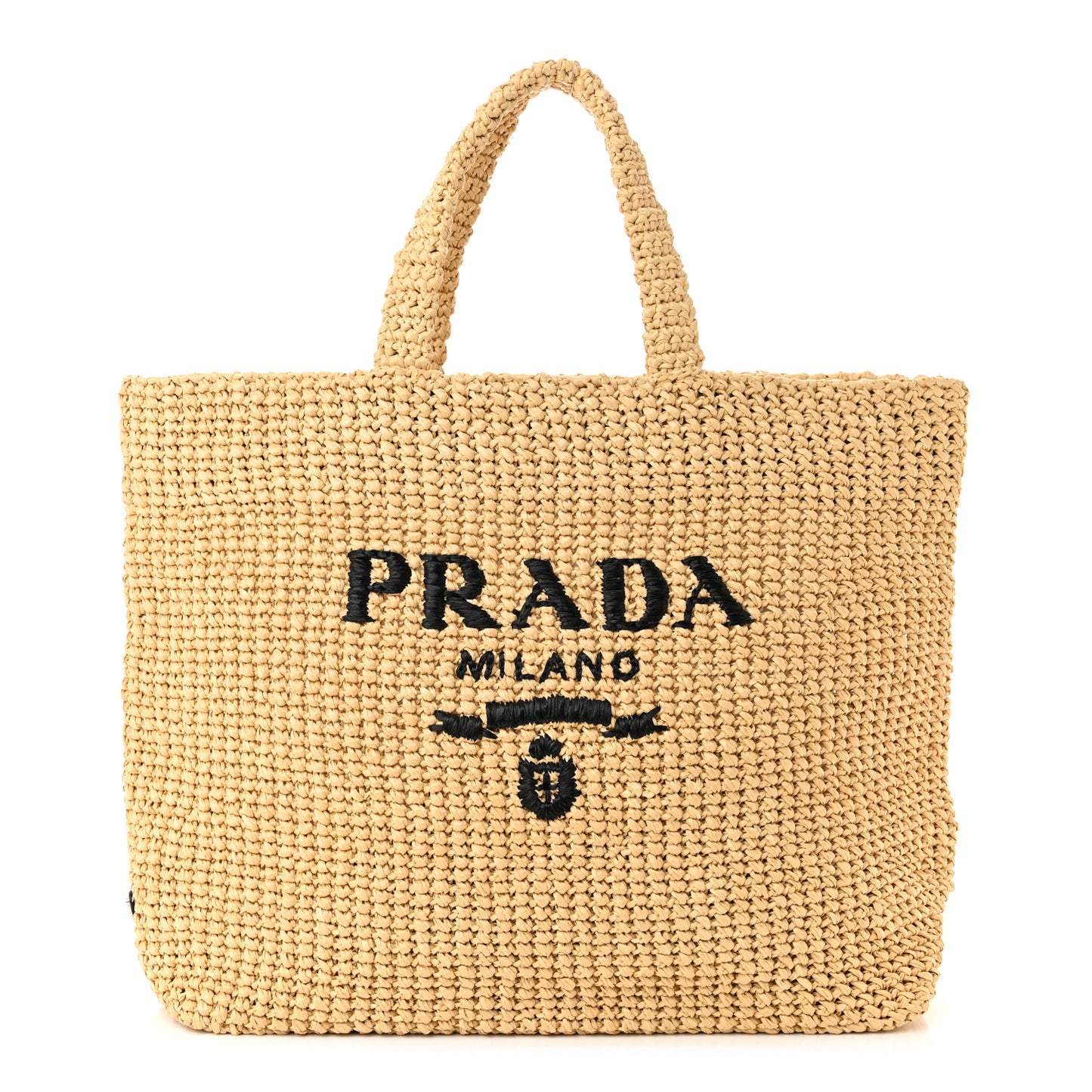 Yarn Raffia Effect Crochet Embroidered Logo Tote Naturale