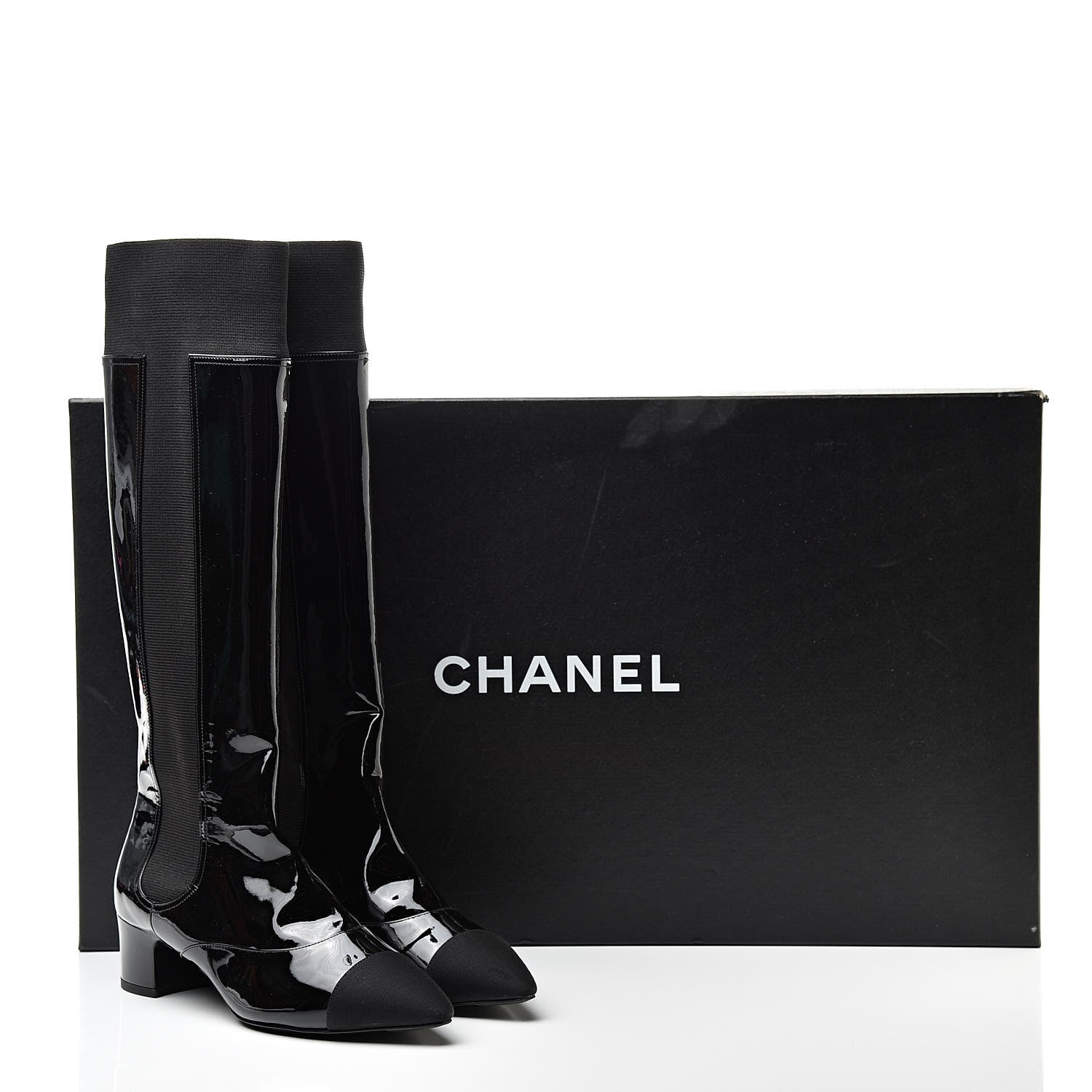 Chanel Patent Calfskin Grosgrain Cap Toe High Boots 37.5 Black 8 of 8