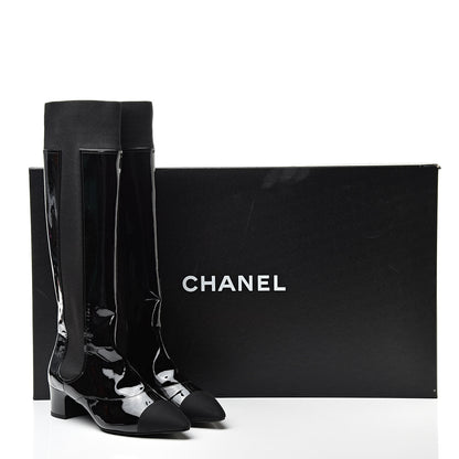 Chanel Patent Calfskin Grosgrain Cap Toe High Boots 37.5 Black 8 of 8