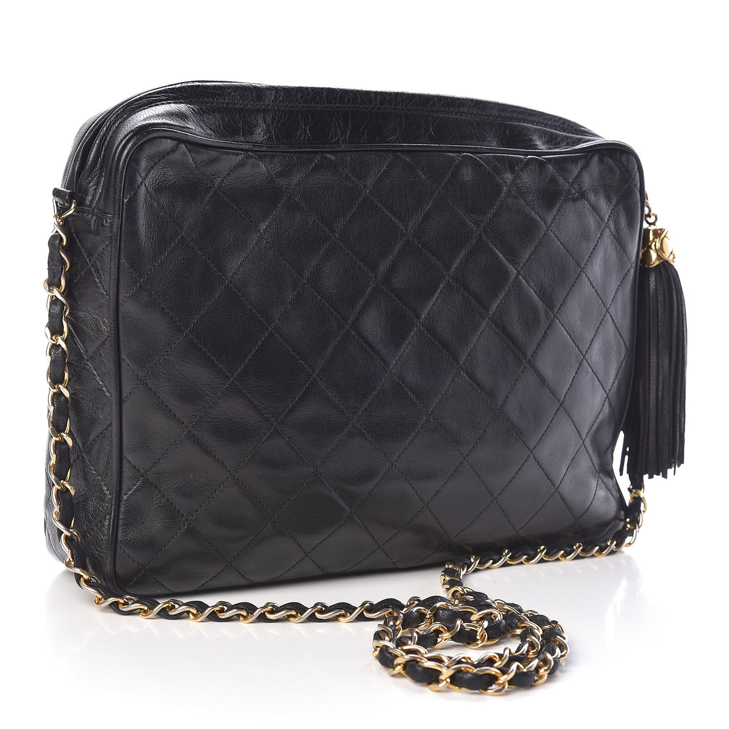 Lambskin Quilted Tassel Camera Case Black