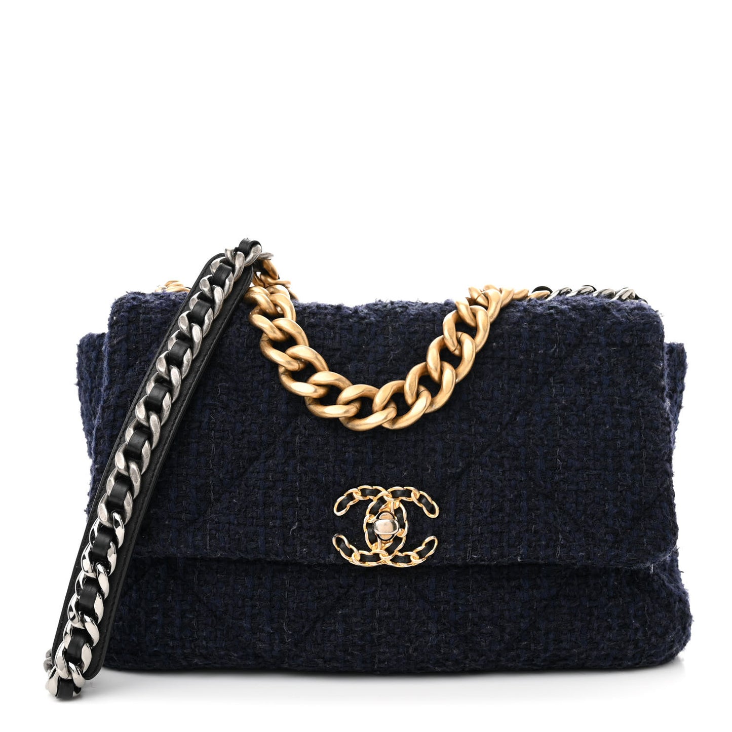 Tweed Quilted Large Chanel 19 Flap Navy Blue