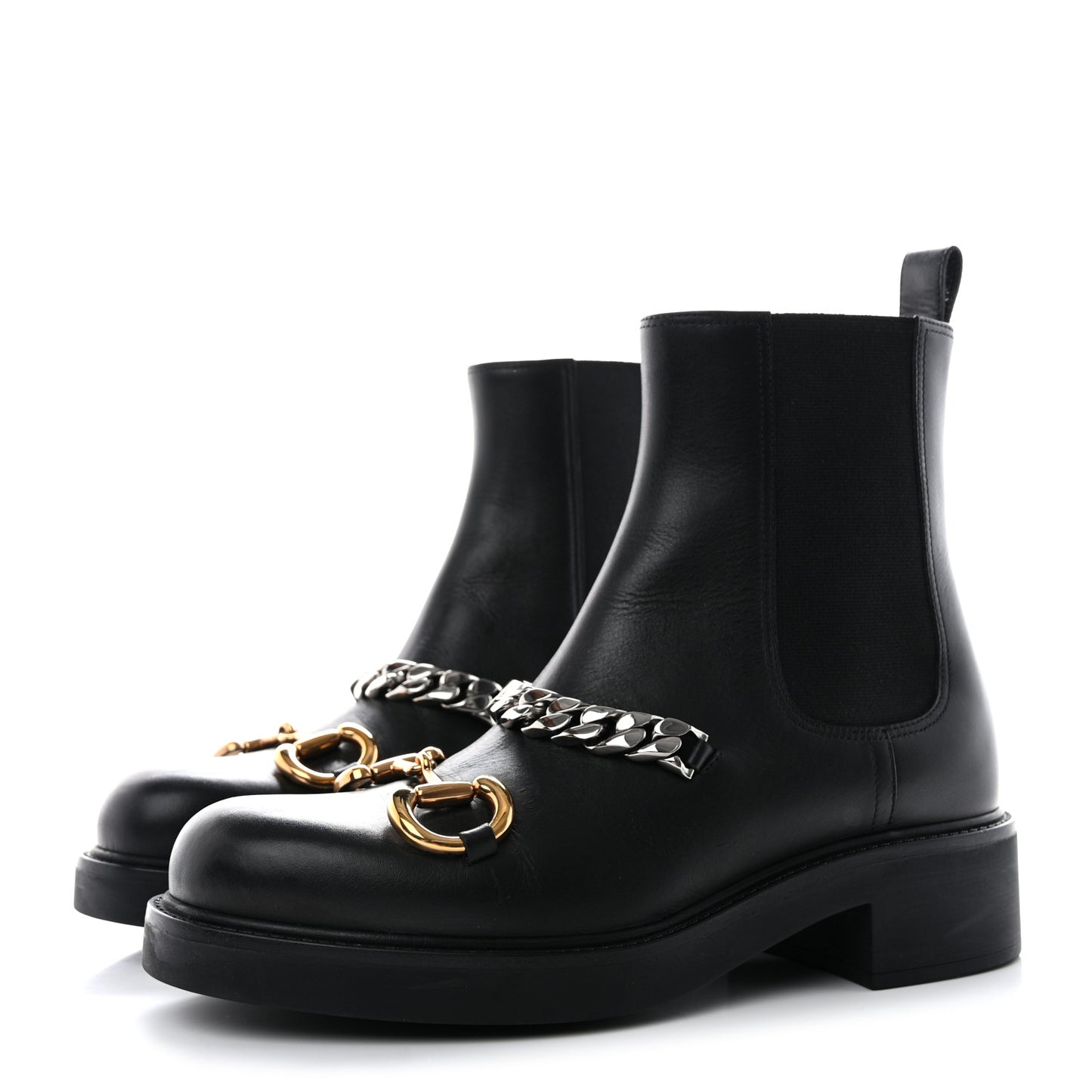 Flores Calfskin Horsebit Chain Ankle Boots 38.5 Black