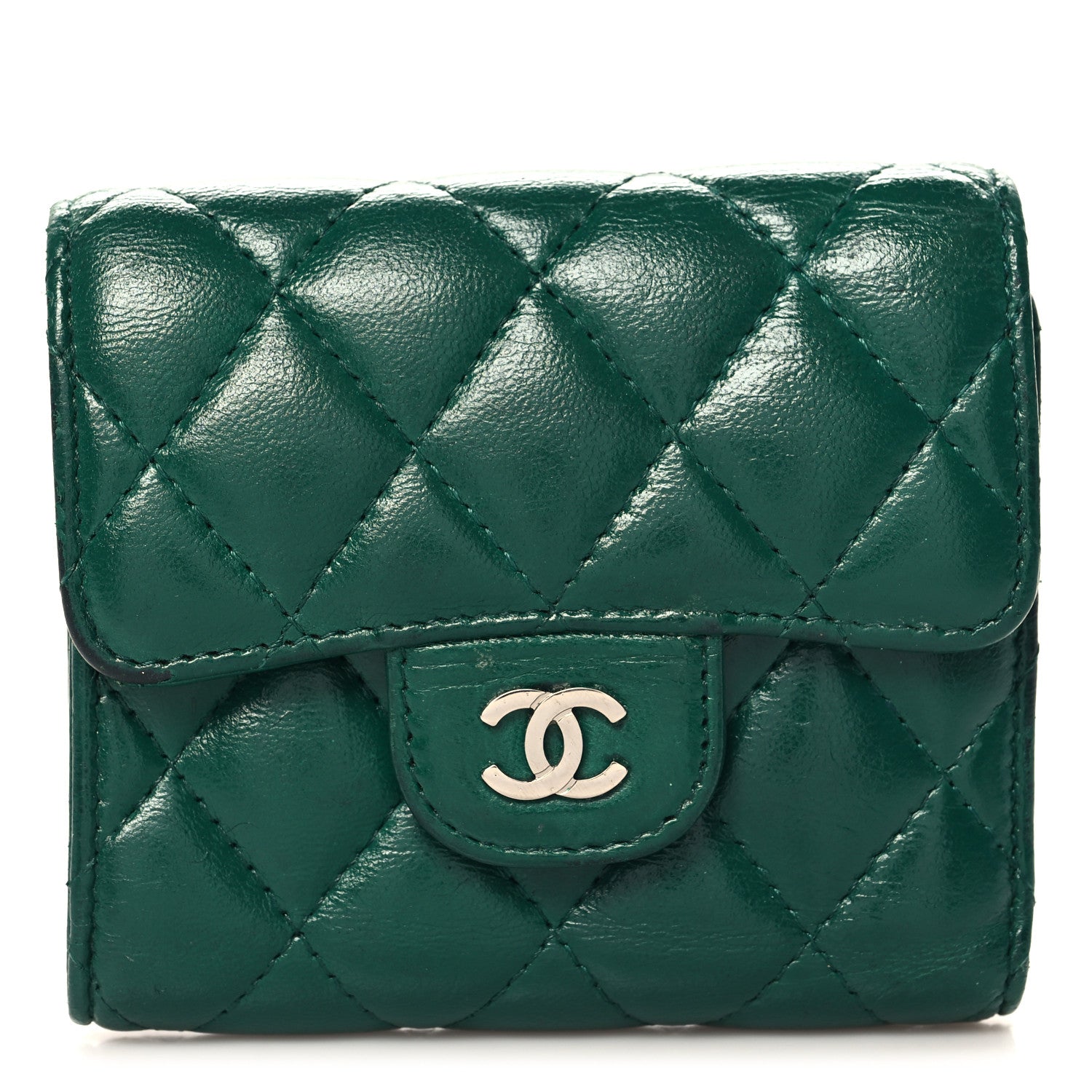 Chanel Lambskin Quilted Compact Flap Wallet Green 1 of 10