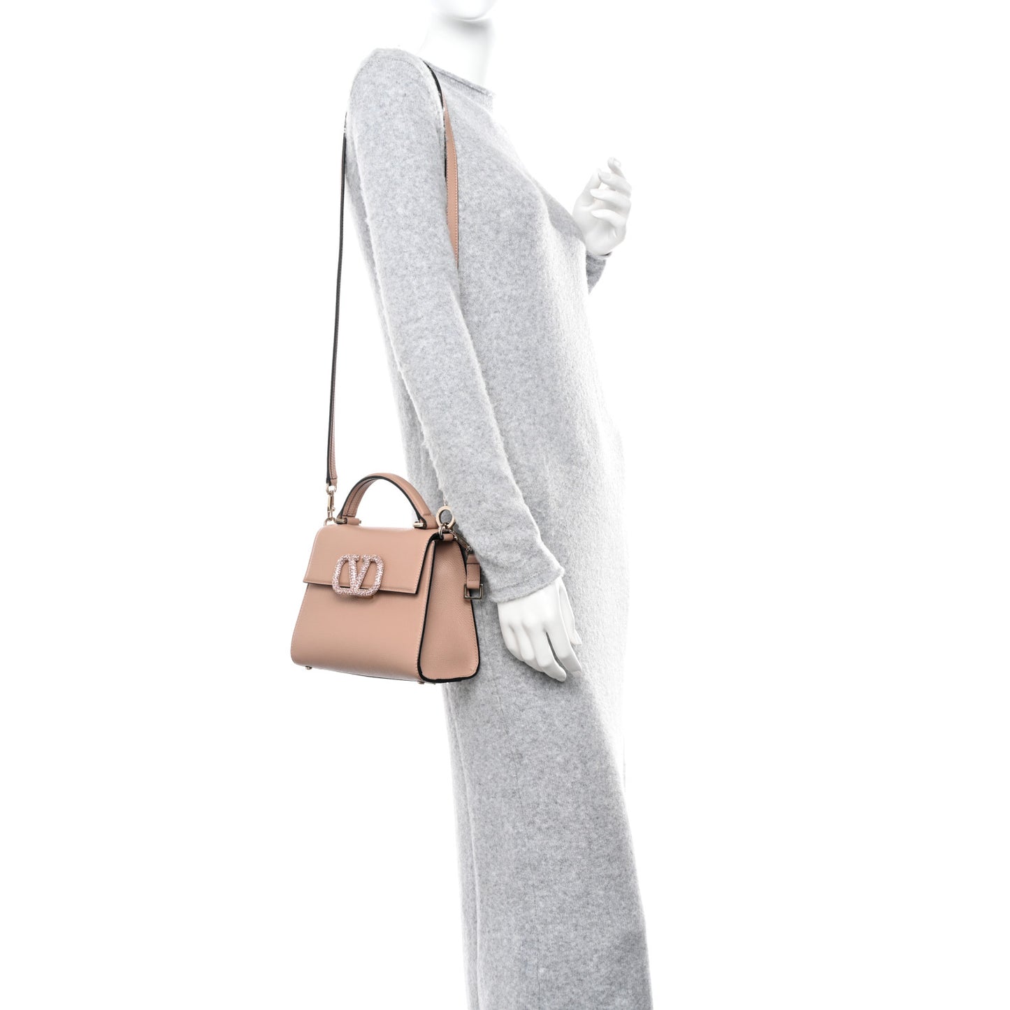 Grainy Calfskin Swarovski Crystal Embellished Small VSling Top Handle Bag Rose Cannelle