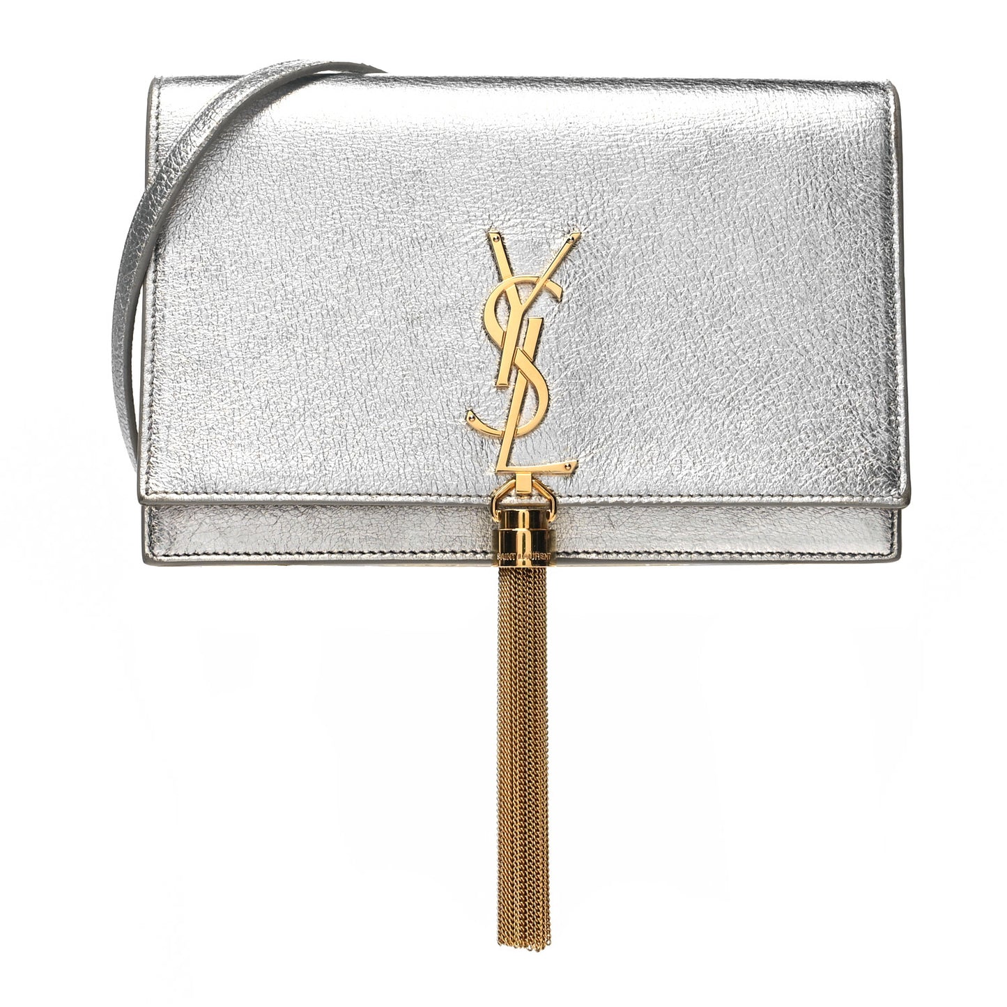 Metallic Calfskin Kate Monogram Tassel Chain Wallet Silver