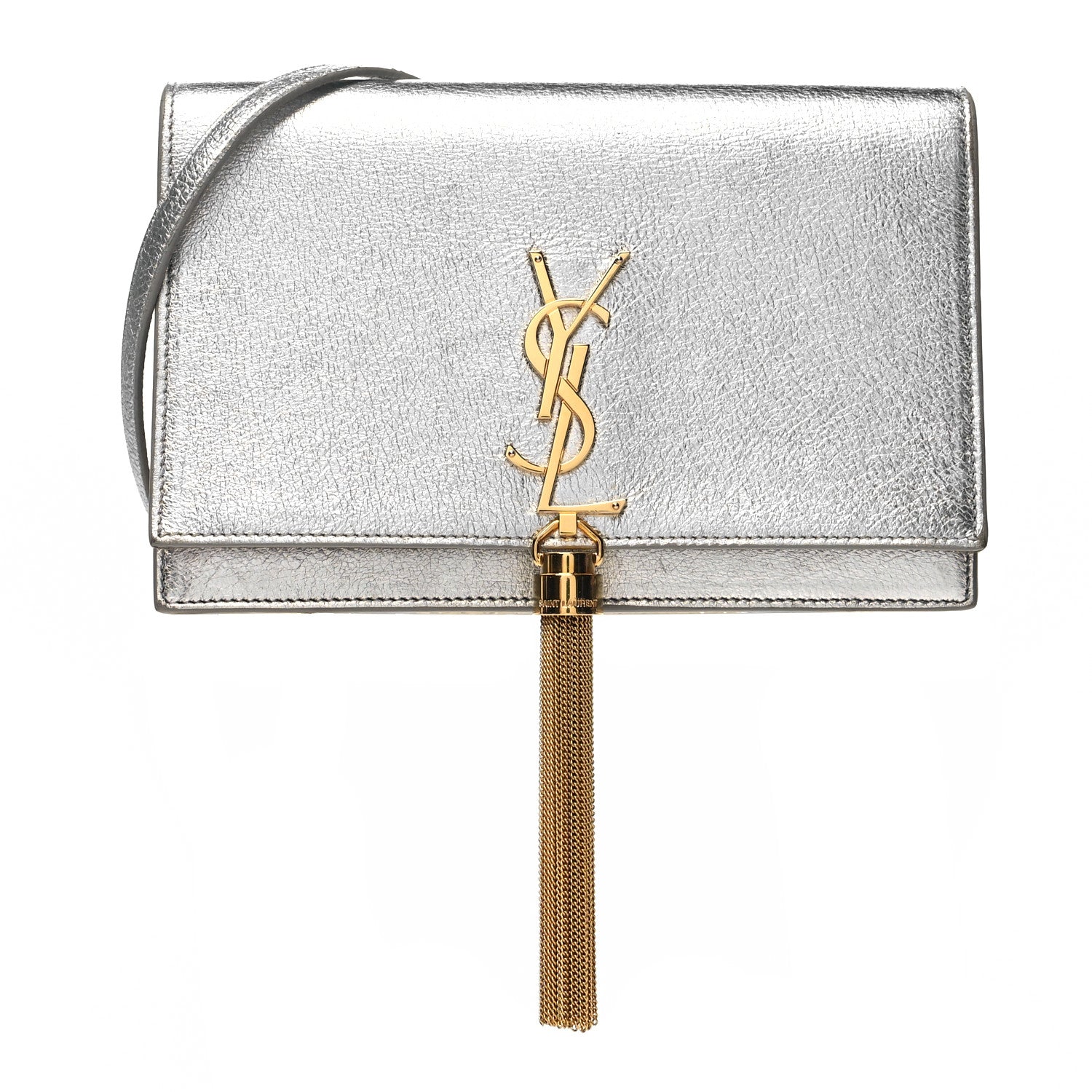 Saint Laurent Metallic Calfskin Kate Monogram Tassel Chain Wallet Silver 1 of 12