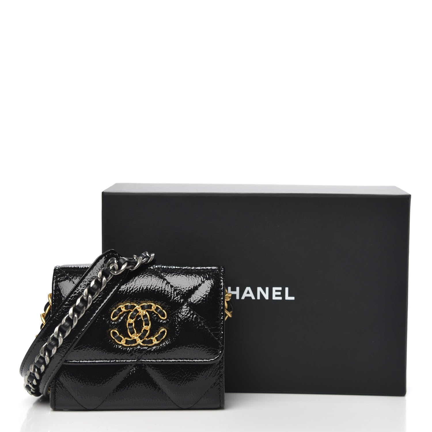 Chanel Shiny Crumpled Calfskin Quilted Chanel 19 Flap Coin Purse With Chain Black 10 of 10