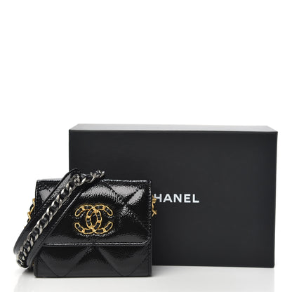 Chanel Shiny Crumpled Calfskin Quilted Chanel 19 Flap Coin Purse With Chain Black 10 of 10