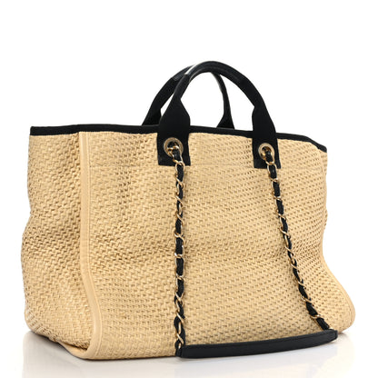 Chanel Straw Raffia Calfskin Chain Medium Deauville Tote Beige Black 3 of 10