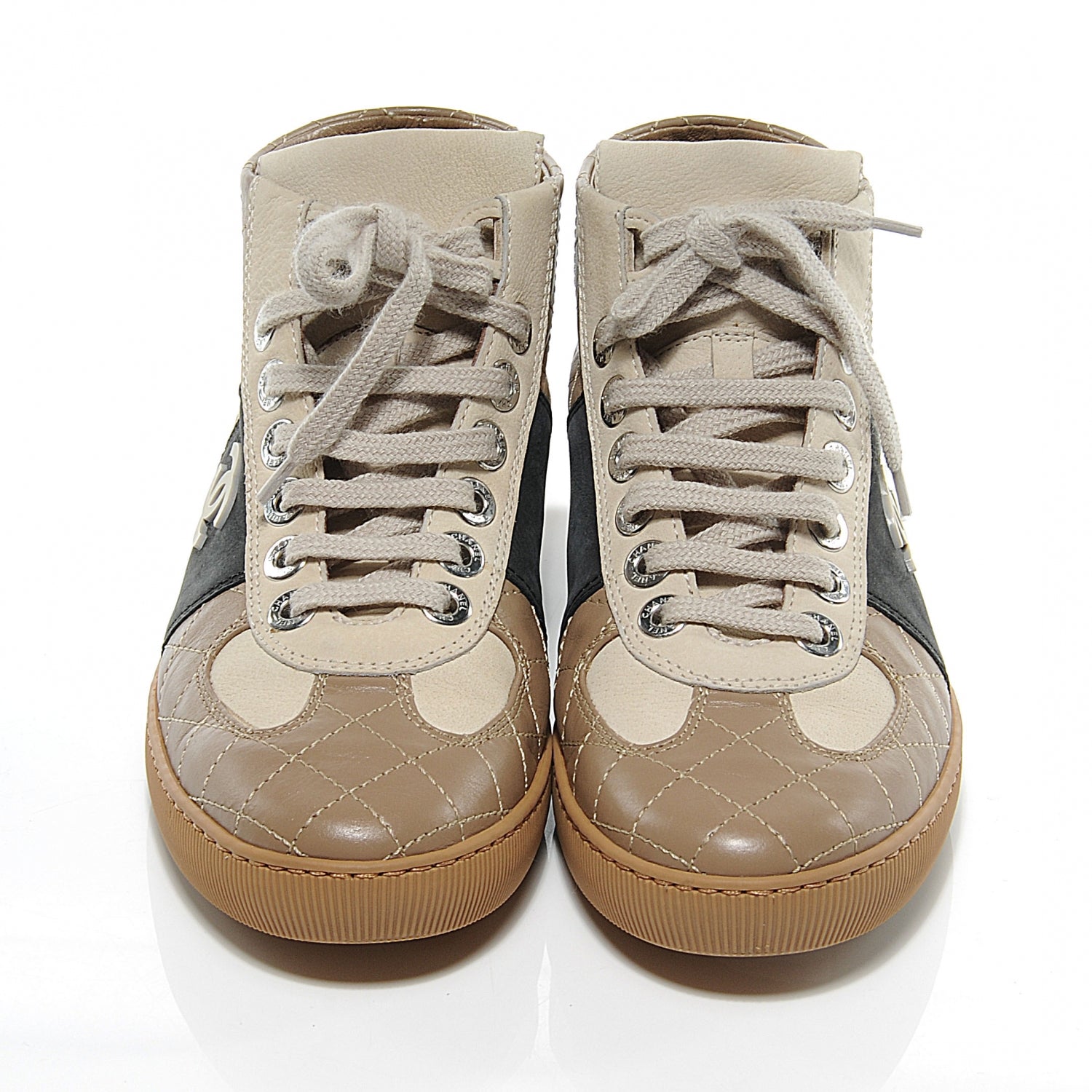 Chanel Leather Quilted Hightop Tennis Shoes 6 Beige 2 of 5
