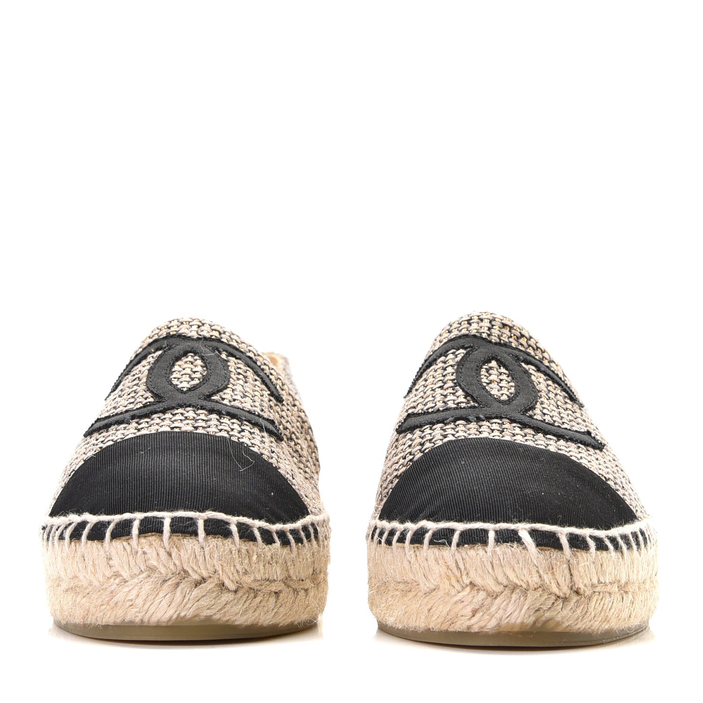 Tweed Grosgrain CC Espadrilles 36 Gold Beige Black