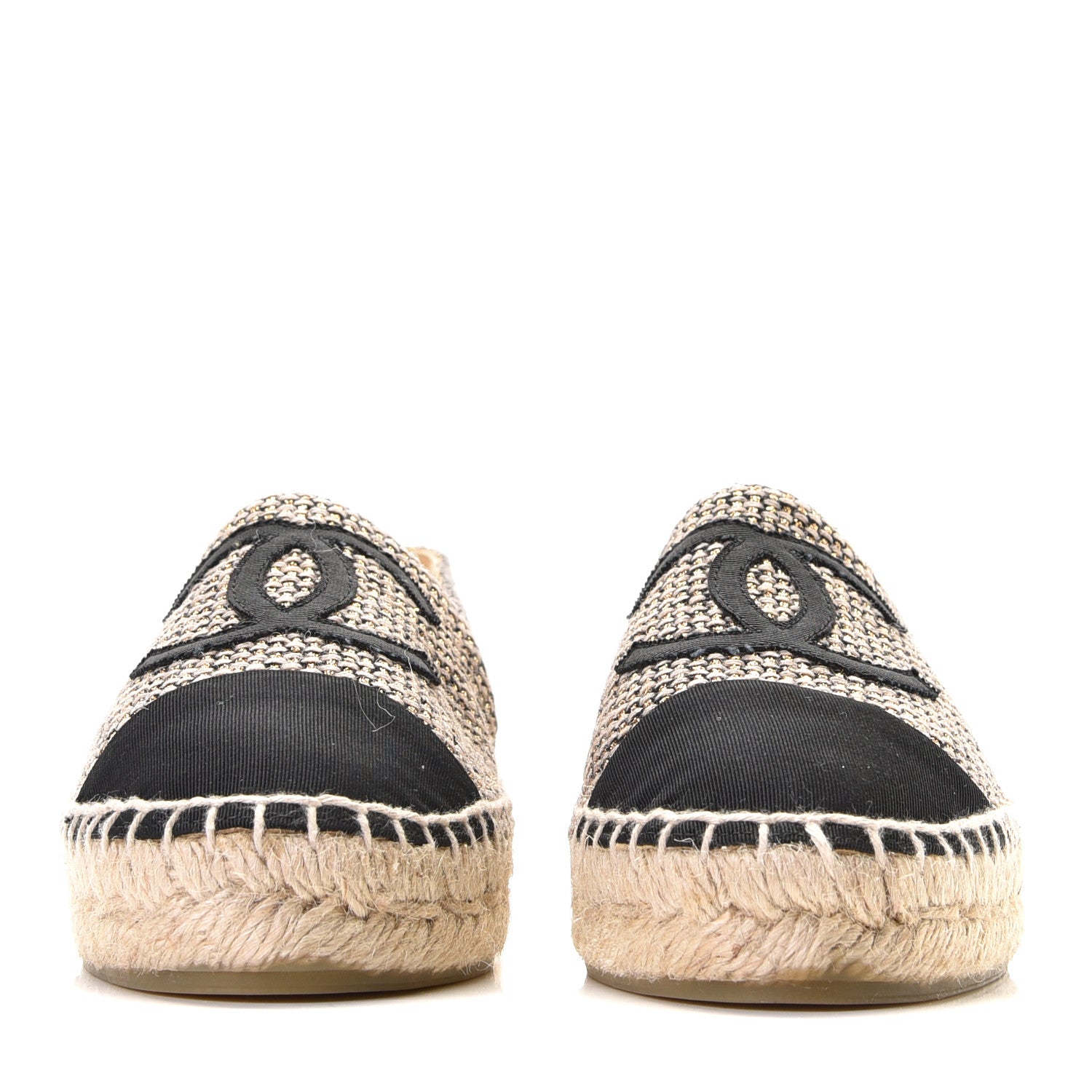 Chanel Tweed Grosgrain CC Espadrilles 36 Gold Beige Black 3 of 12