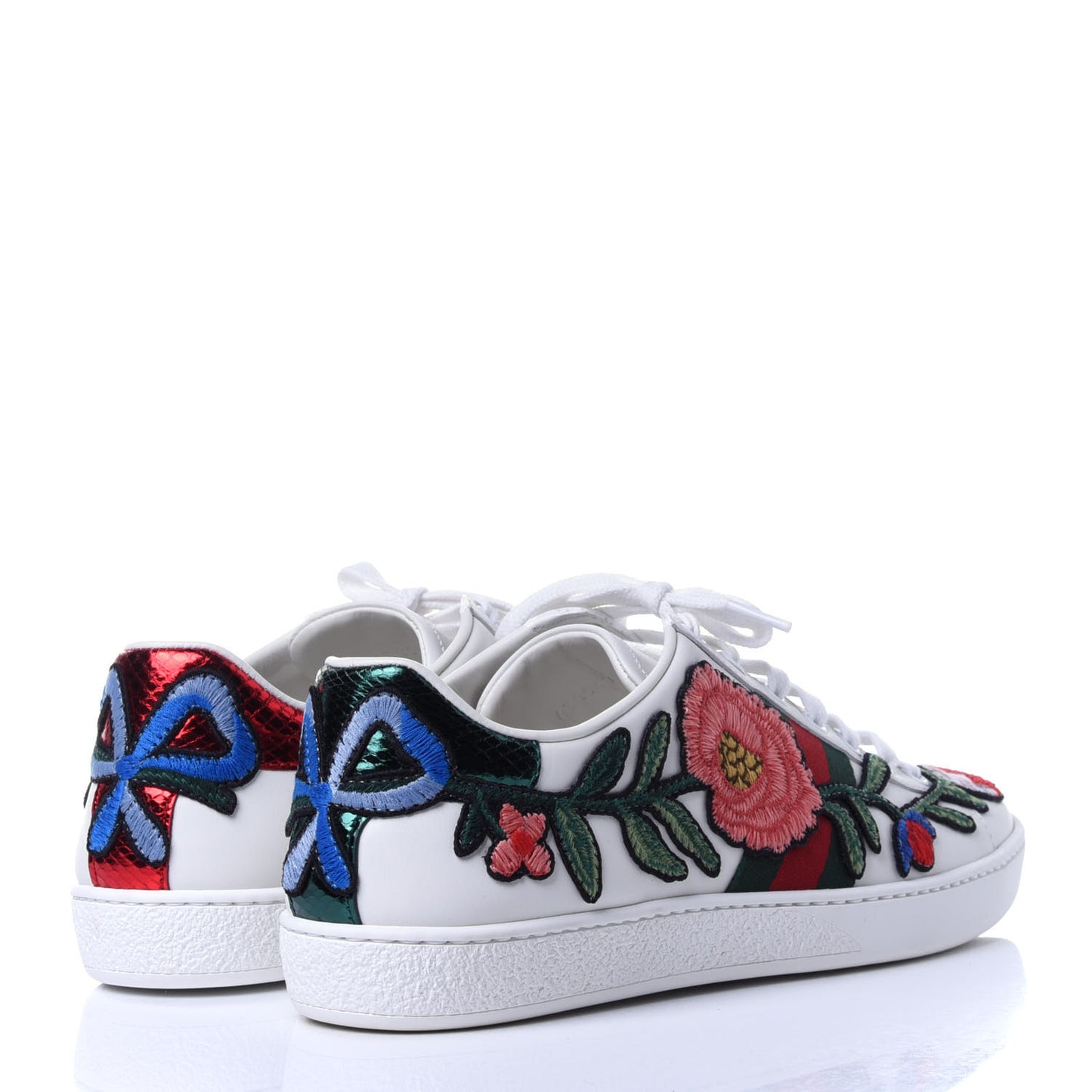 Calfskin Web Floral Embroidered Ace Sneakers 38 White
