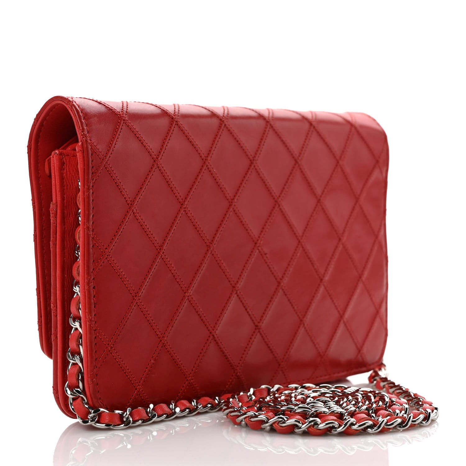 Chanel Lambskin Diamond Stitched Wallet On Chain WOC Red 3 of 12