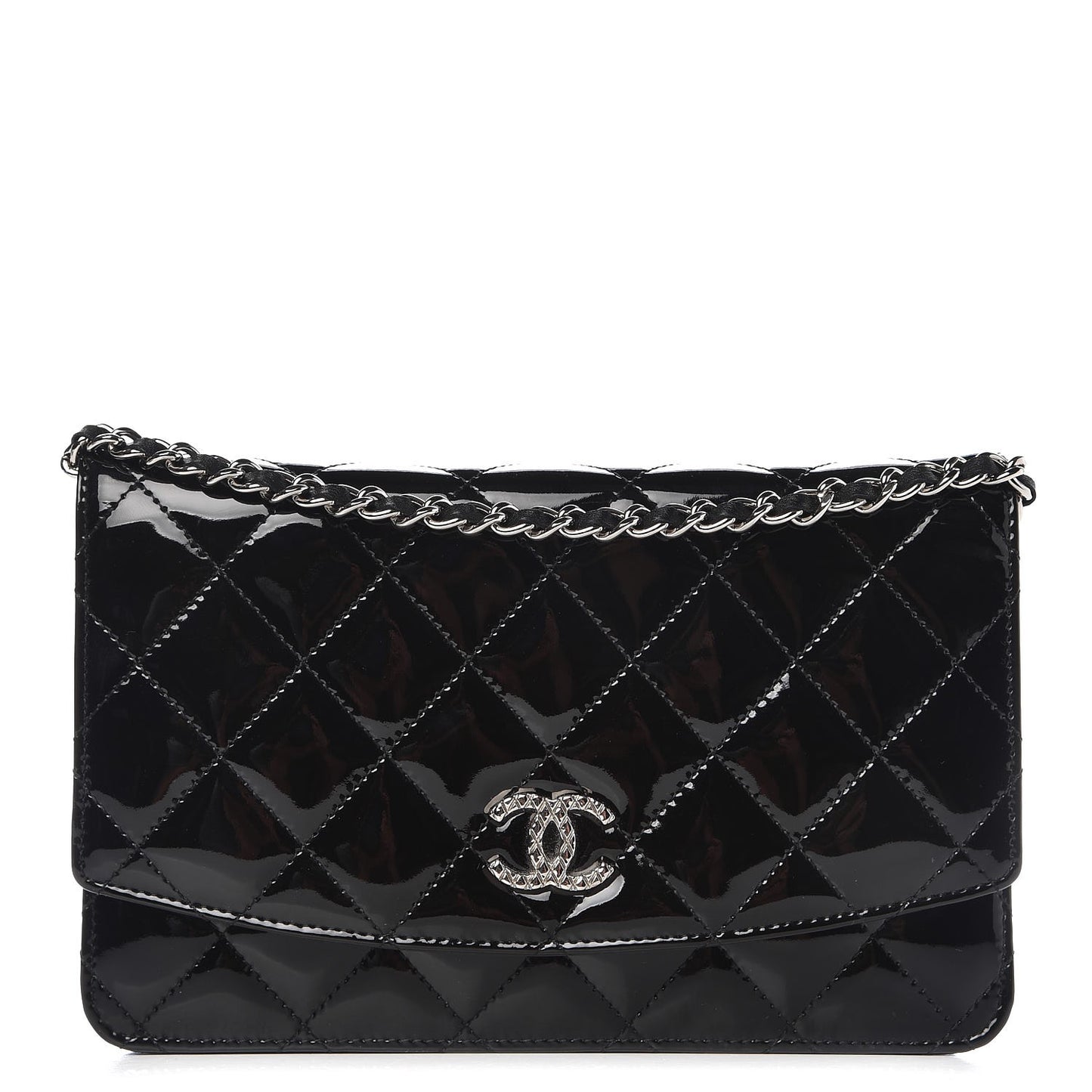 Patent Quilted Brilliant Wallet On Chain WOC Black
