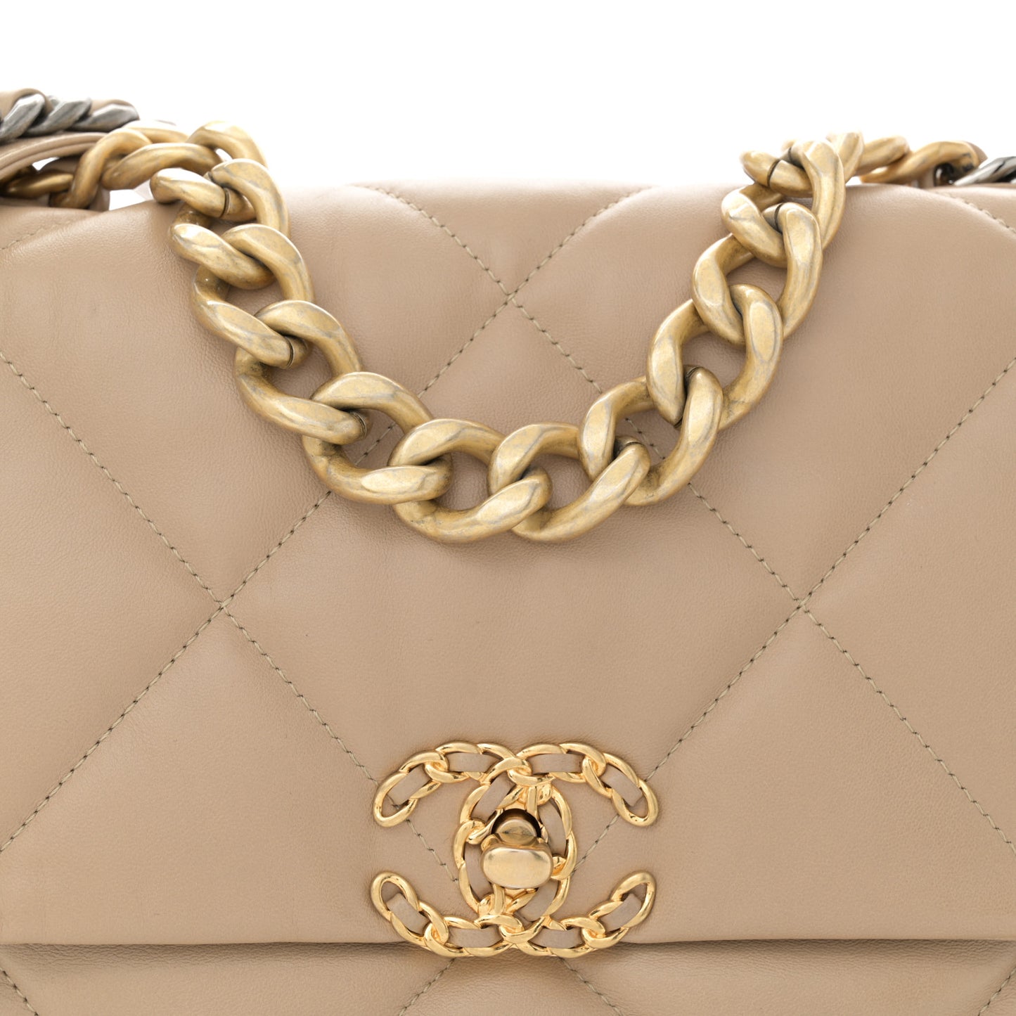 Lambskin Quilted Large Chanel 19 Flap Dark Beige