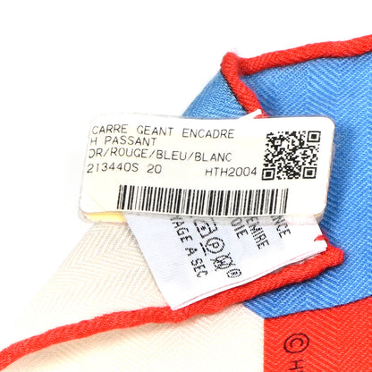 Hermes Cashmere Silk Encadre H Passant Giant Scarf 140 Rouge Bleu White 4 of 4