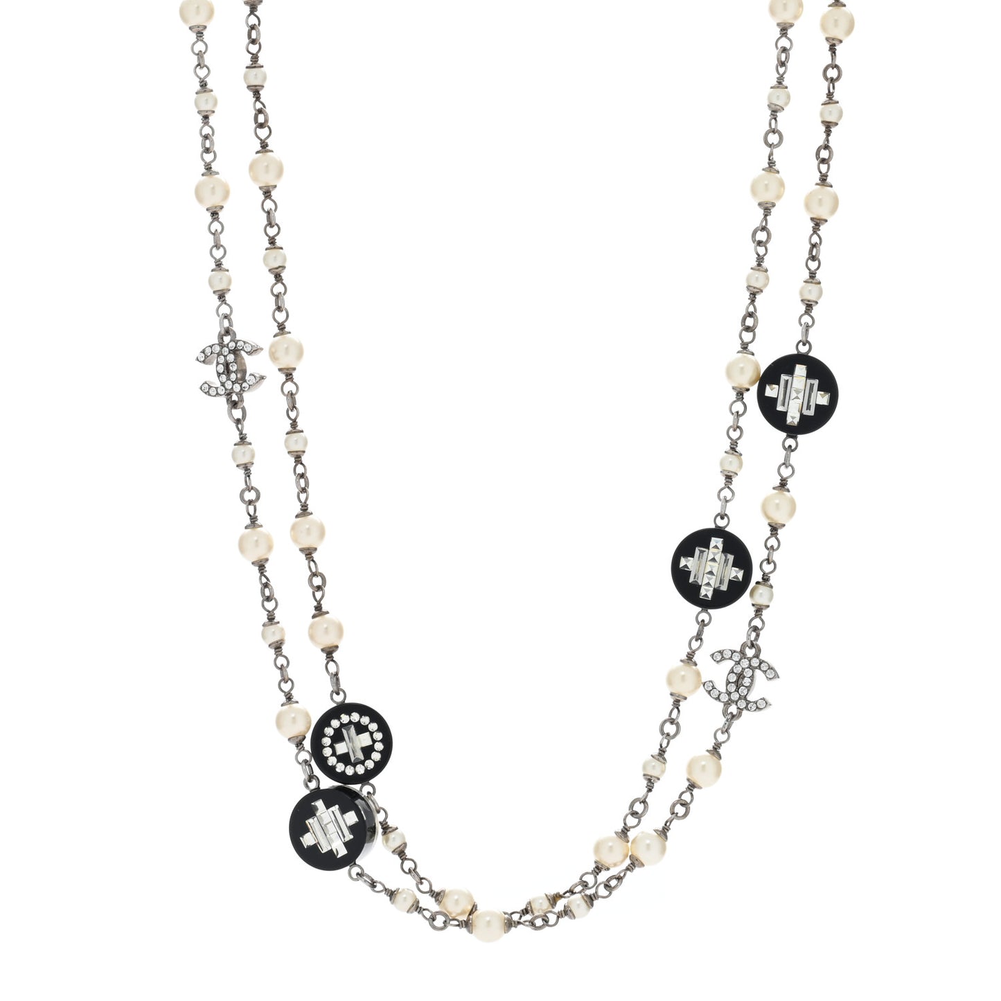 Resin Pearl Crystal CC Long Necklace Black Silver