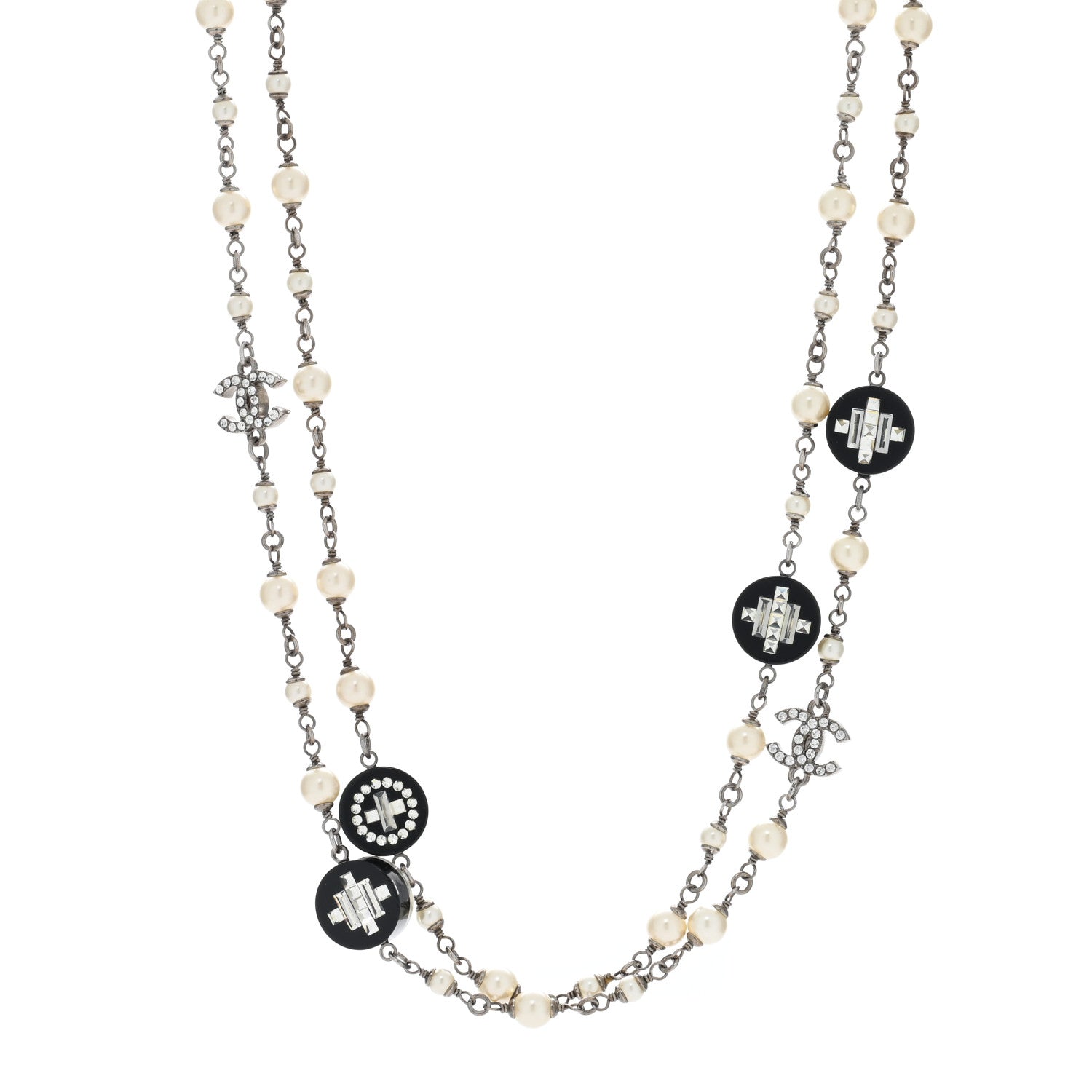 Chanel Resin Pearl Crystal CC Long Necklace Black Silver 1 of 4