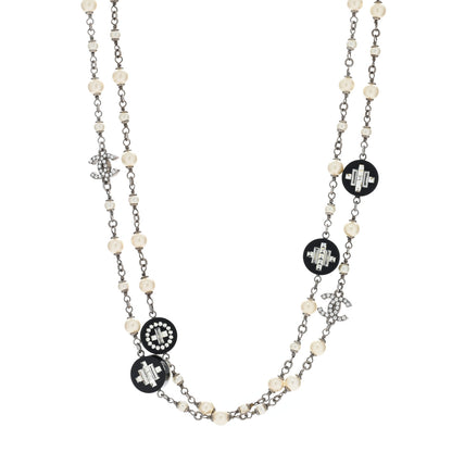 Chanel Resin Pearl Crystal CC Long Necklace Black Silver 1 of 4