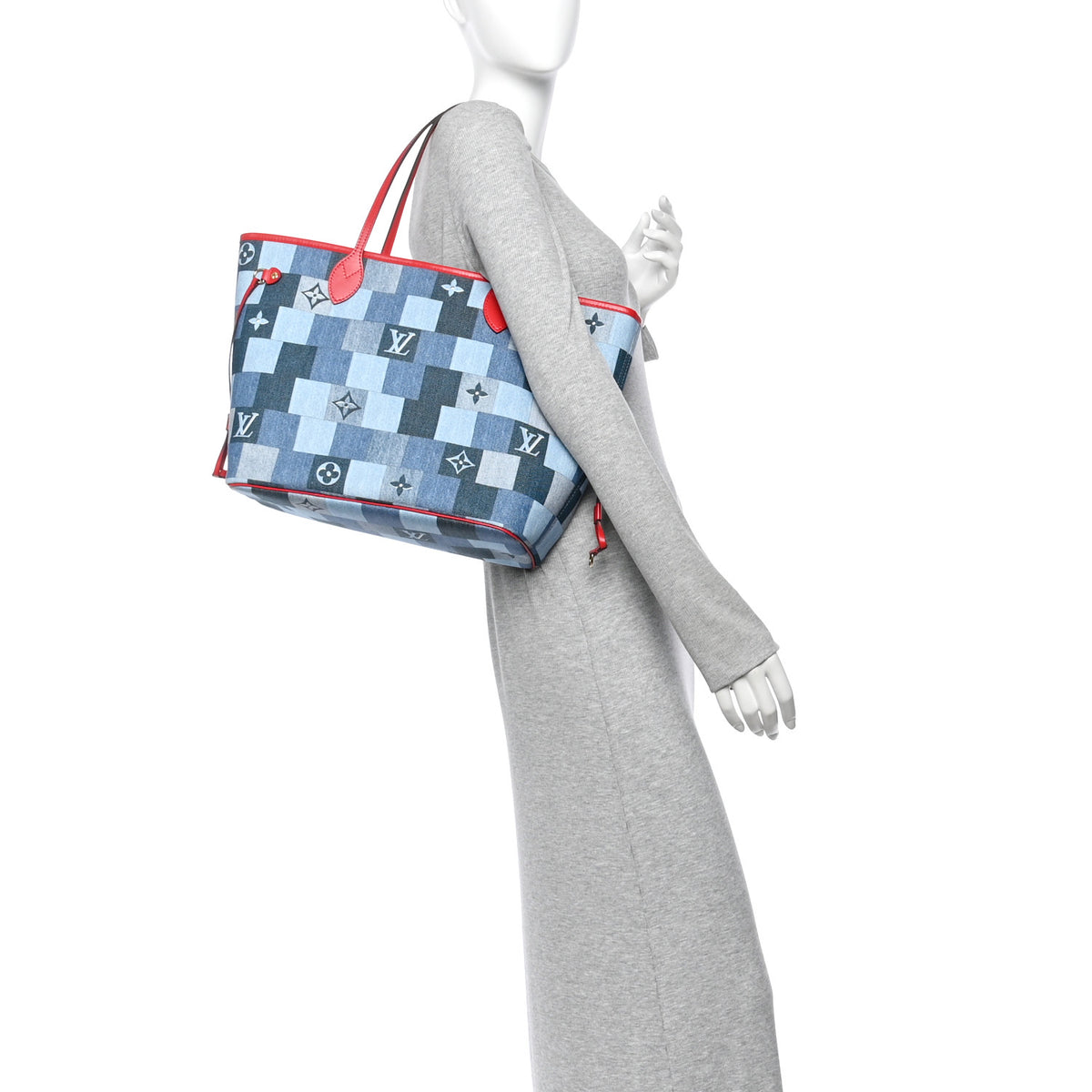 Louis Vuitton Denim Damier Monogram Patchwork Neverfull Blue Rouge 2 of 12