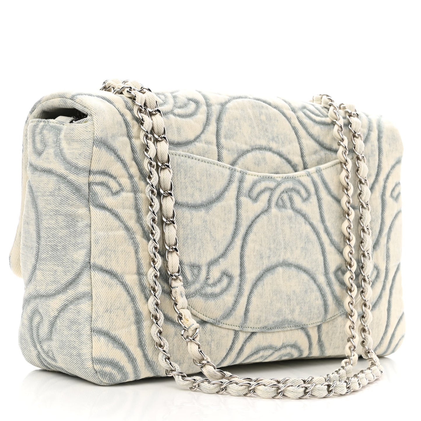 Denim Embossed CC Logo Print Jumbo Single Flap Blue