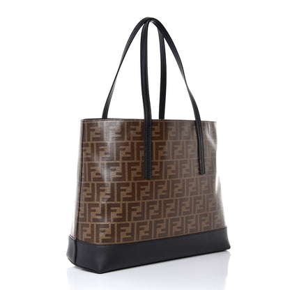 Fendi Glazed Fabric Vitello Century FF 1974 Stamp Patch Shopping Tote Mogano Panna Black 3 of 7