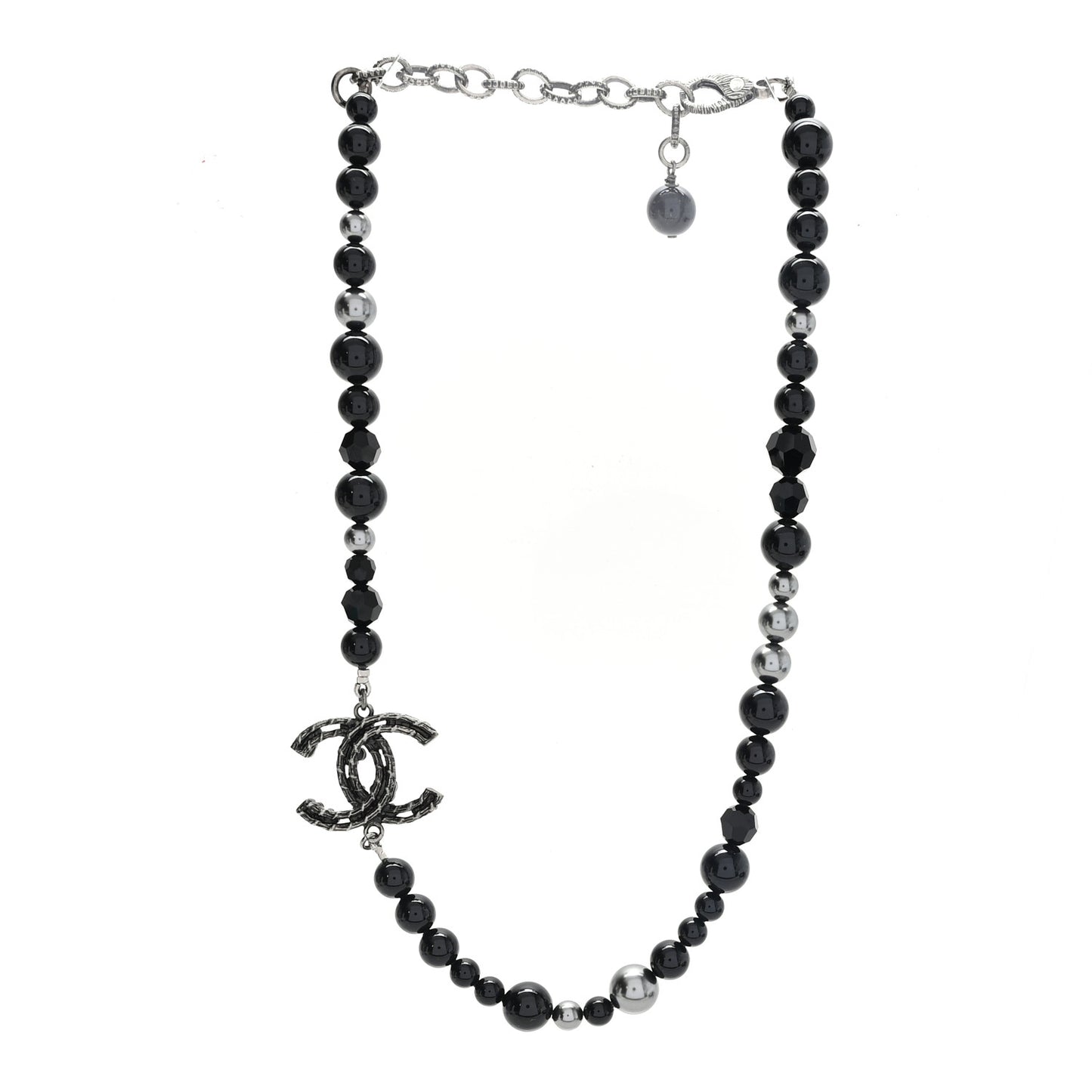 Pearl Beaded Crystal CC Camellia Short Necklace  Ruthenium Black Pearly Grey