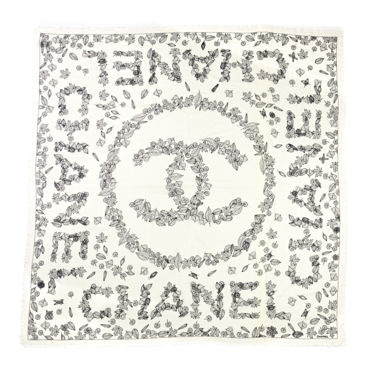 Chanel Cashmere CC Logo Leaves Scarf White Black 1 of 10