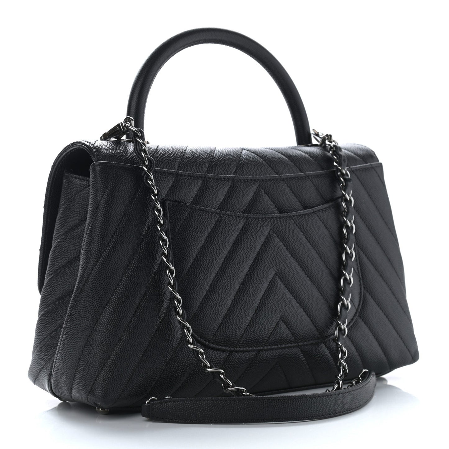 Caviar Chevron Quilted Small Coco Handle Flap Black
