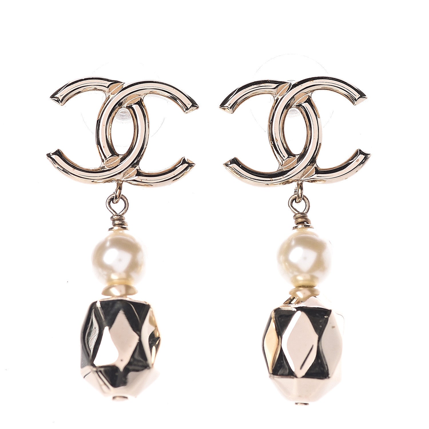 Chanel Metal Bead Pearl CC Drop Earrings Golden Pearly White 1 of 5