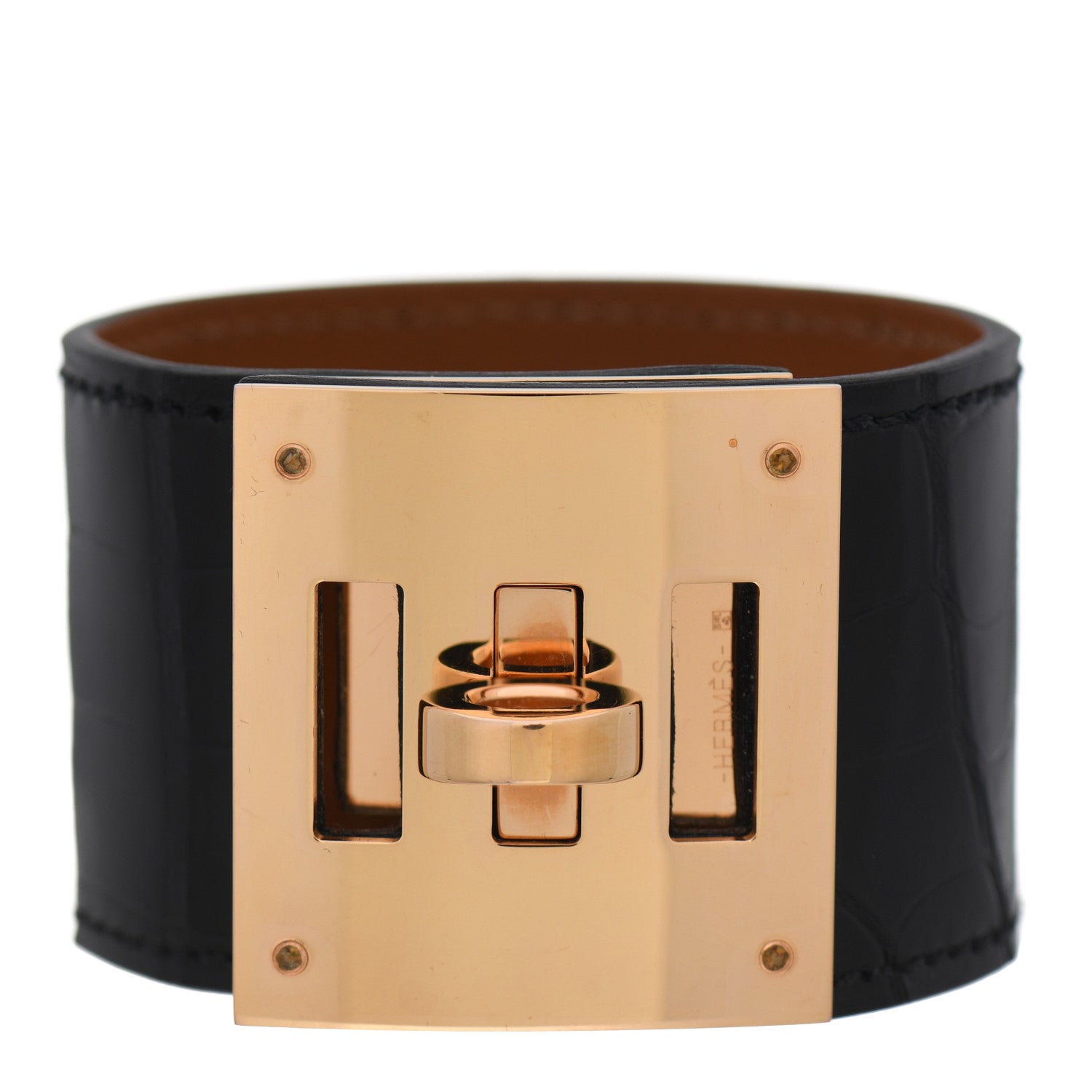 Hermes Shiny Alligator Kelly Dog Cuff T1 Black 1 of 7