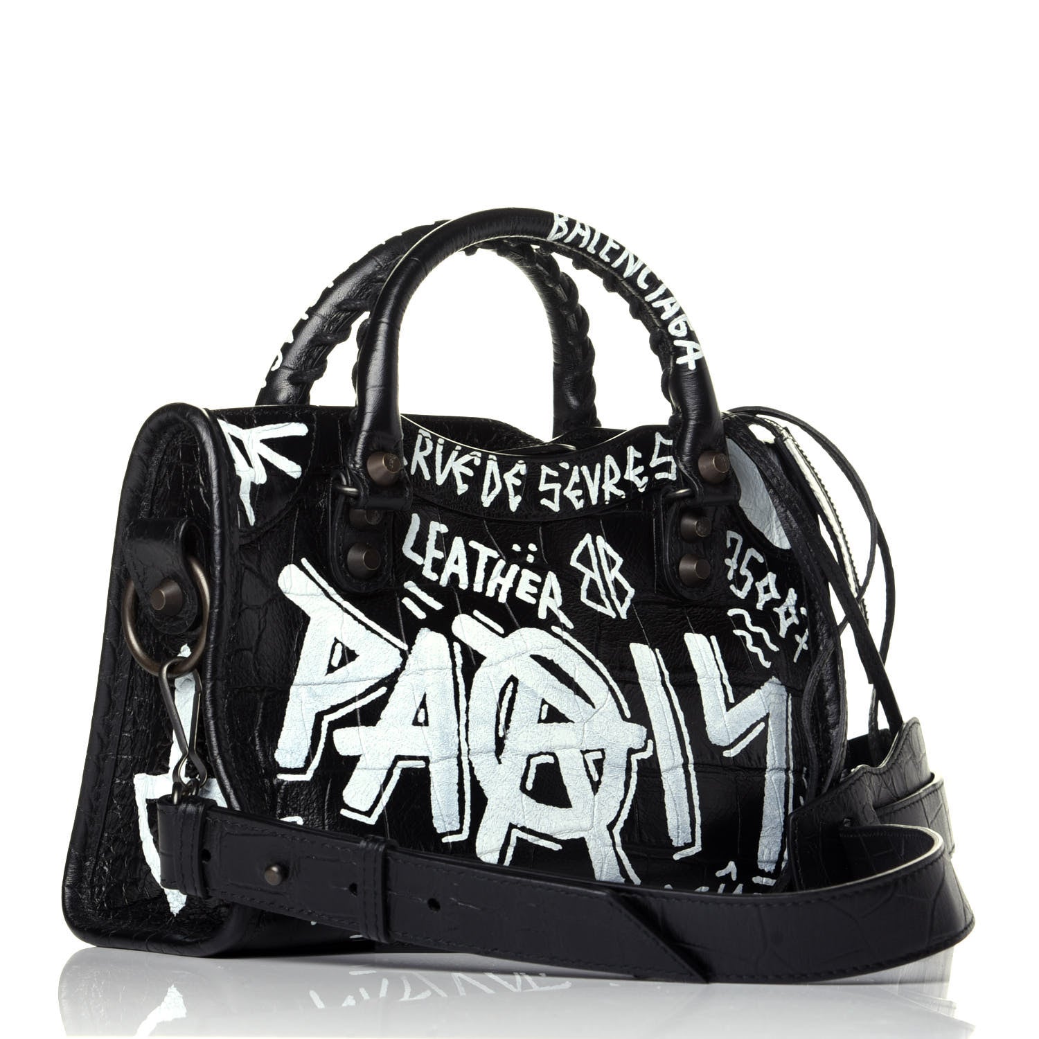 Balenciaga Calfskin Crocodile Embossed Graffiti Classic Hardware Mini City Black White 4 of 10
