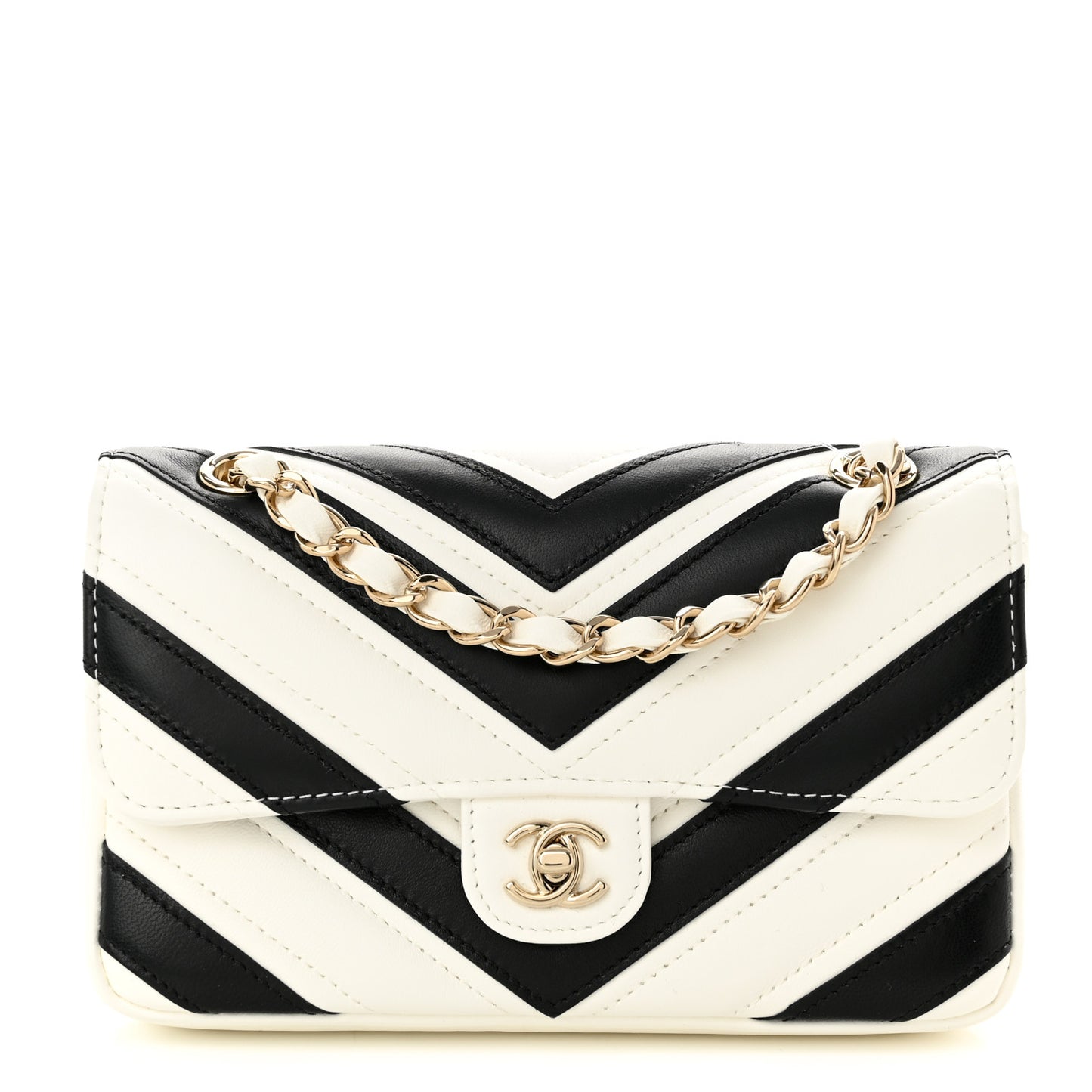 Lambskin Chevron Stitched Flap White Black