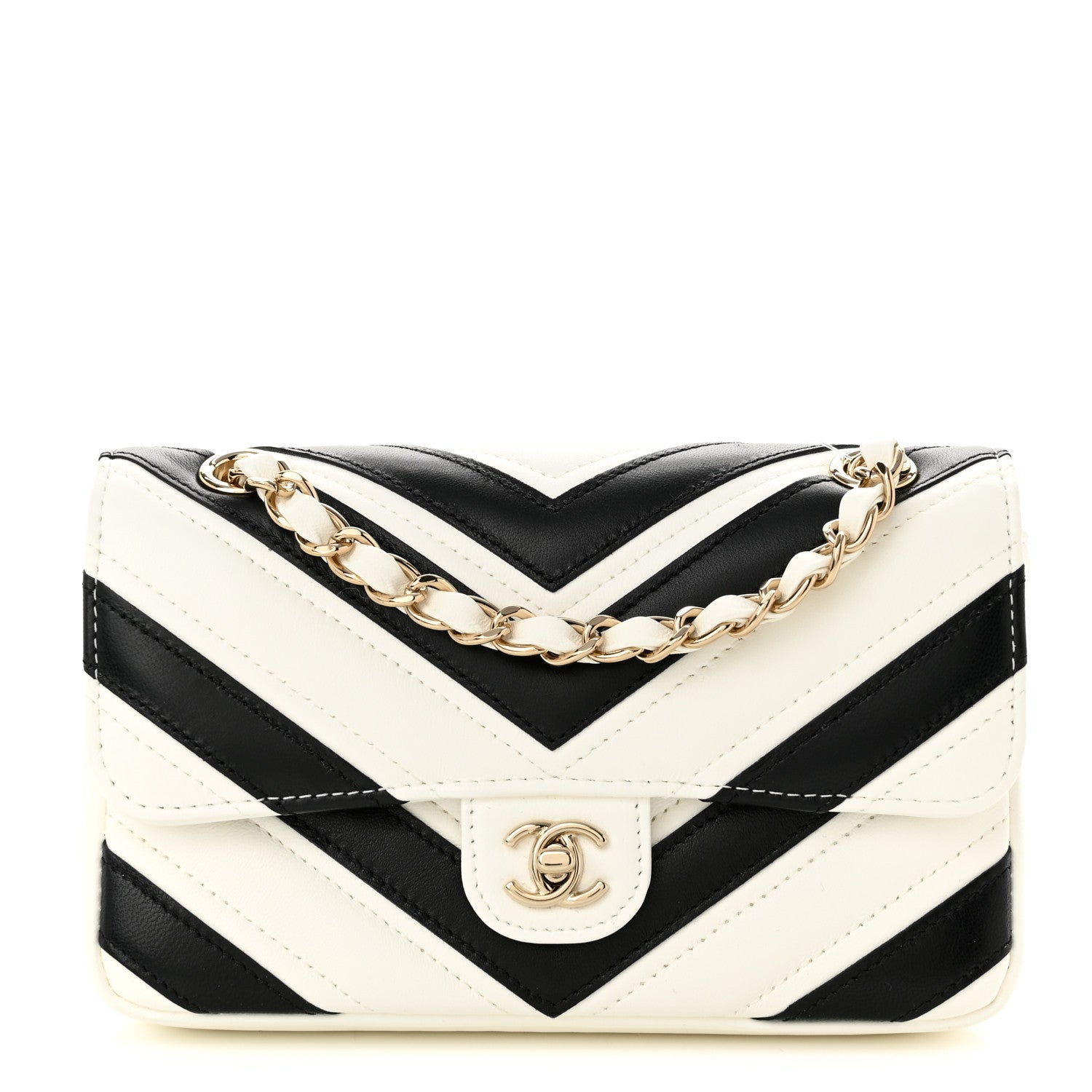 Chanel Lambskin Chevron Stitched Flap White Black 1 of 10