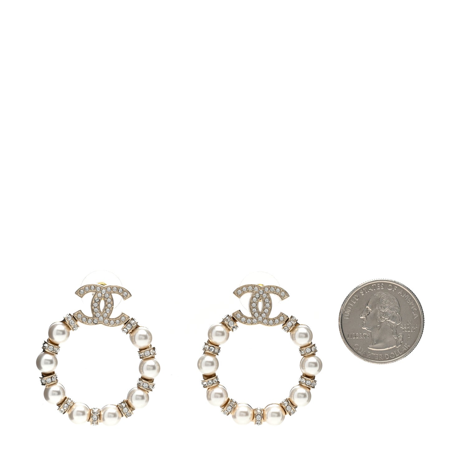 Crystal Pearl CC Door Knocker Hoop Earrings Gold Pearly White