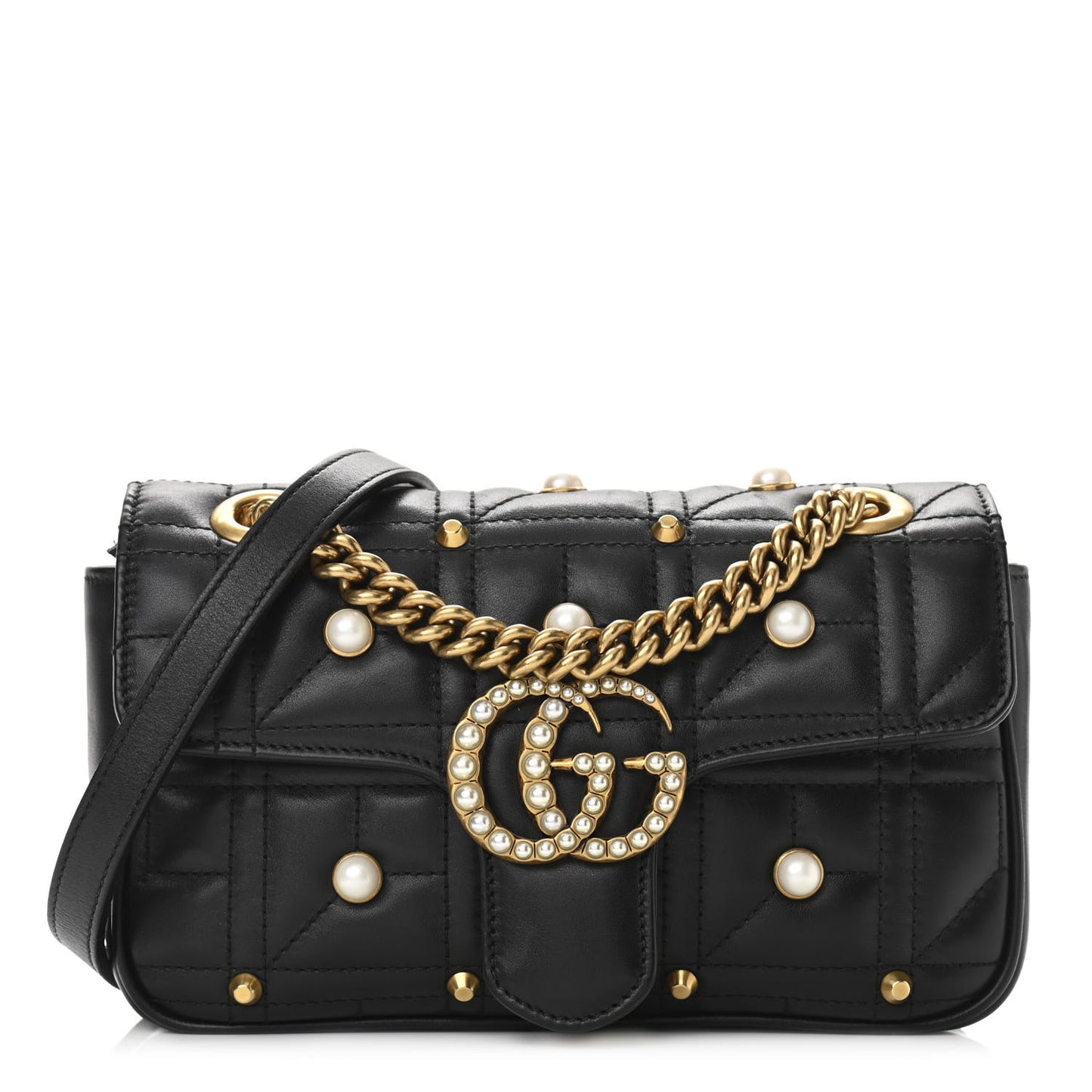 Calfskin Matelasse Studded Mini Pearly GG Marmont Shoulder Bag Black