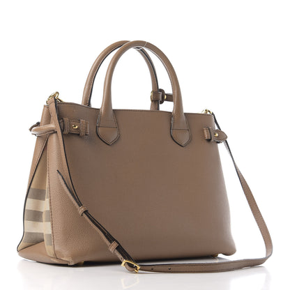 Burberry Grainy Calfskin House Check Medium Banner Tote Dark Sand 4 of 14