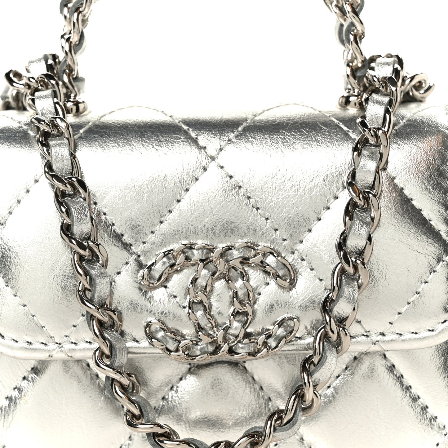 Metallic Lambskin Quilted Mini Chain CC Top Handle Clutch With Chain Silver