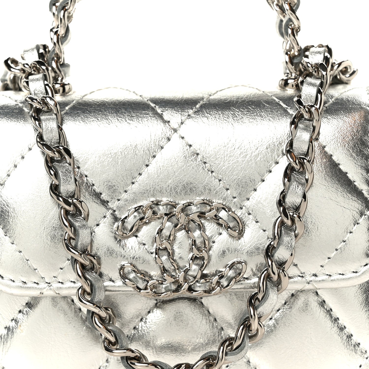 Chanel Metallic Lambskin Quilted Mini Chain CC Top Handle Clutch With Chain Silver 8 of 10