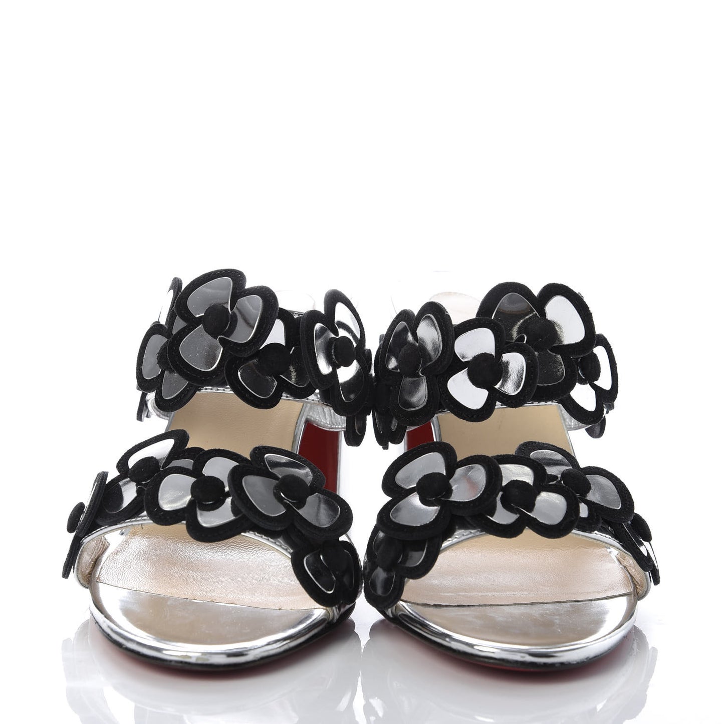 Metallic Calfskin Tres Pansy 85 Slide Sandals 37.5 Silver