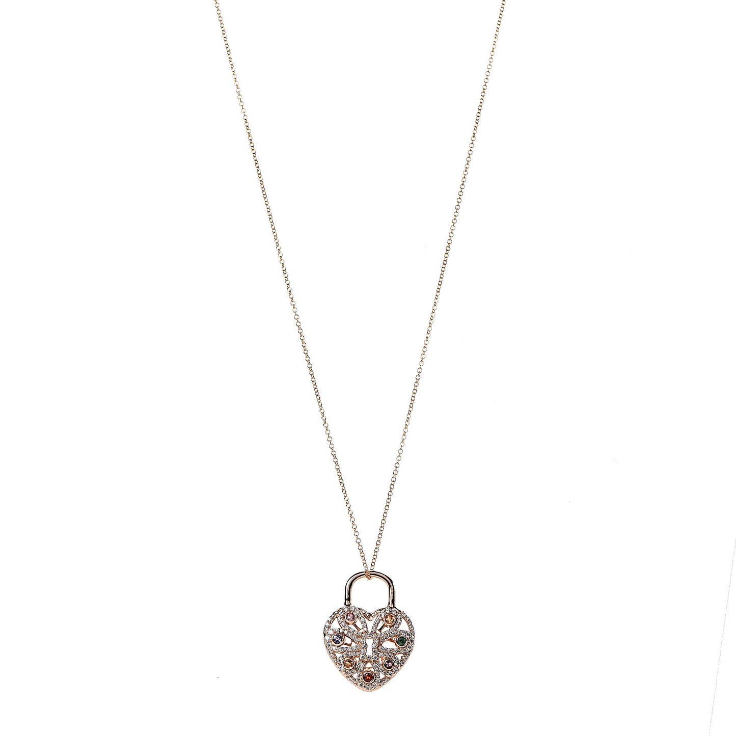 18K Rose Gold Diamond Multistone Filigree Heart Pendant Necklace