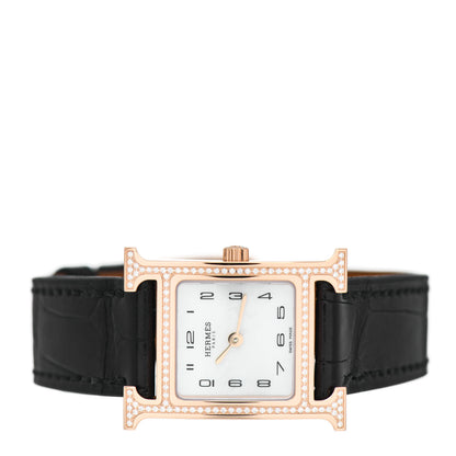 Hermes 18K Rose Gold Alligator Diamond Bezel Mother of Pearl 21mm Heure H Hour Quartz Watch Noir 2 of 5