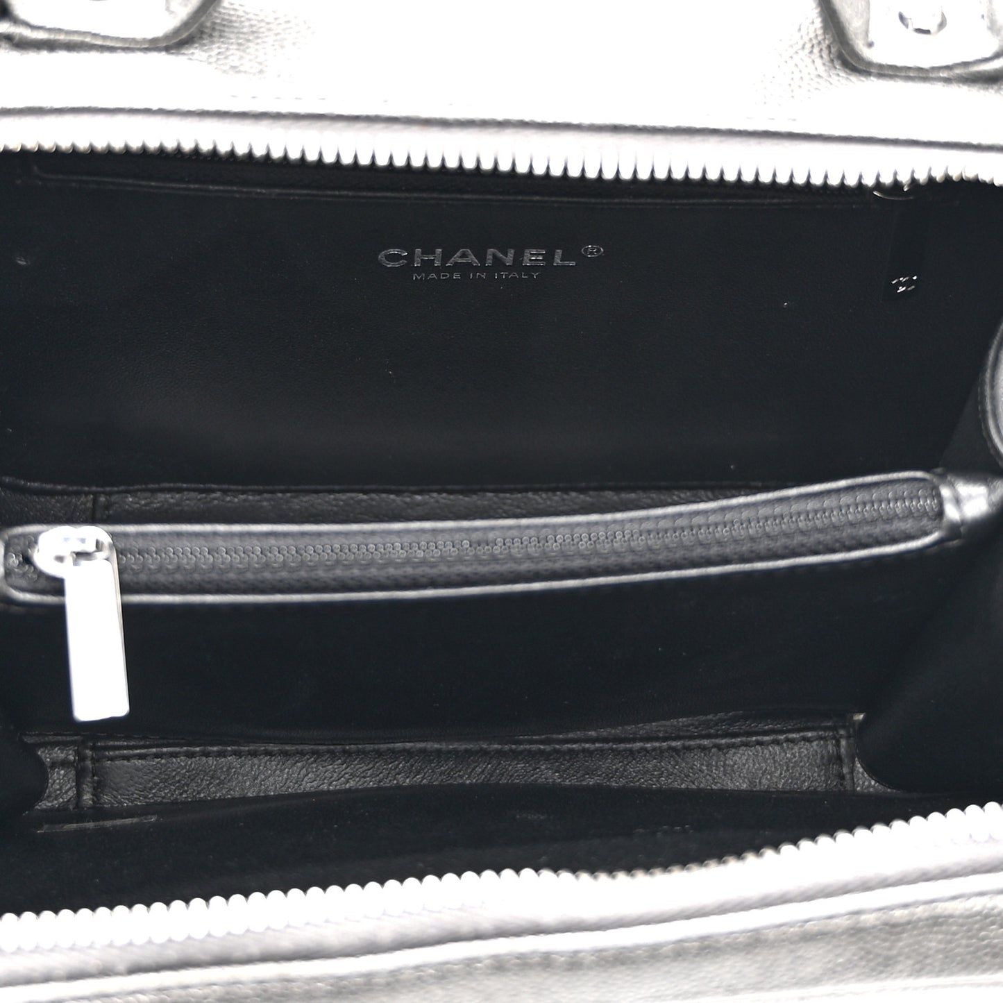 Metallic Caviar Quilted Medium CC Filigree Vanity Case Dark Silver
