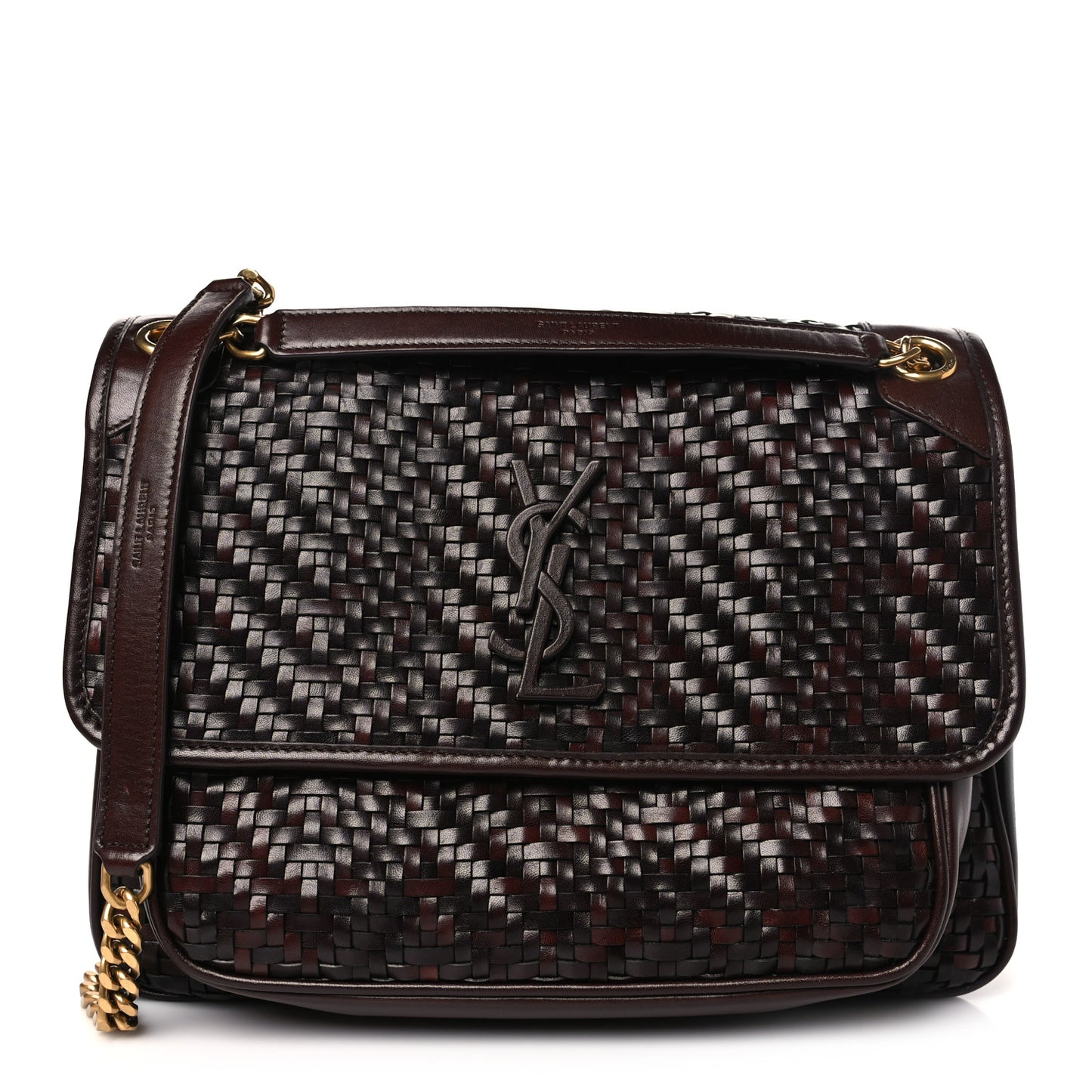 Calfskin Woven Monogram Medium Niki Chain Satchel Burnt Brown