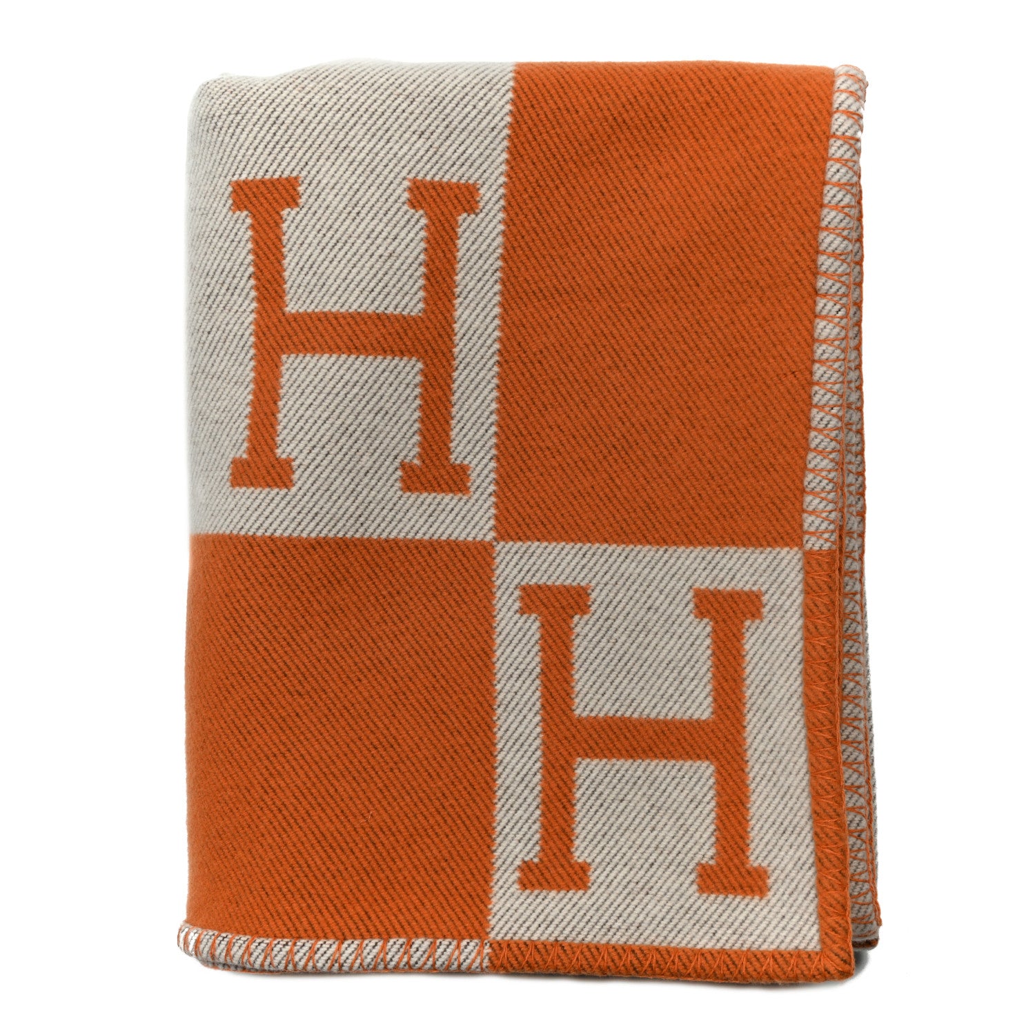 Hermes Wool Cashmere Signature Classic Avalon Blanket Ecru Potiron 1 of 3