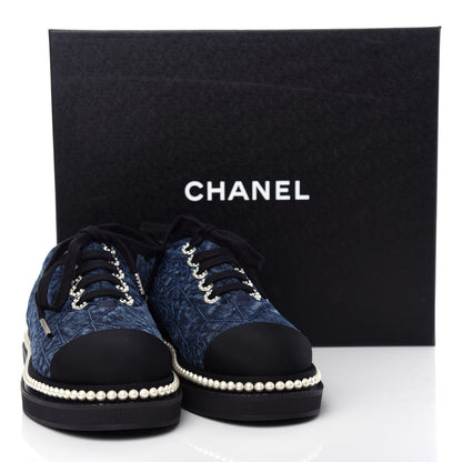 Chanel Denim Grosgrain Camellia Pearl Lace Up Sneakers 36 Blue Black 11 of 11
