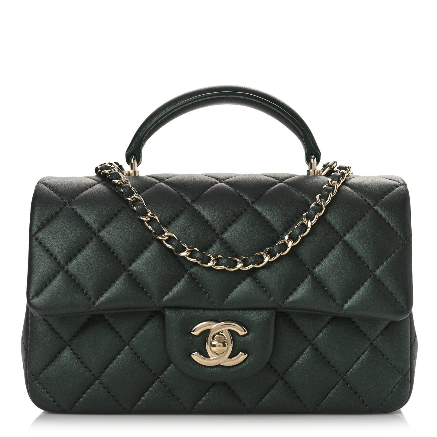 Iridescent Lambskin Quilted Mini Top Handle Rectangular Flap Dark Green