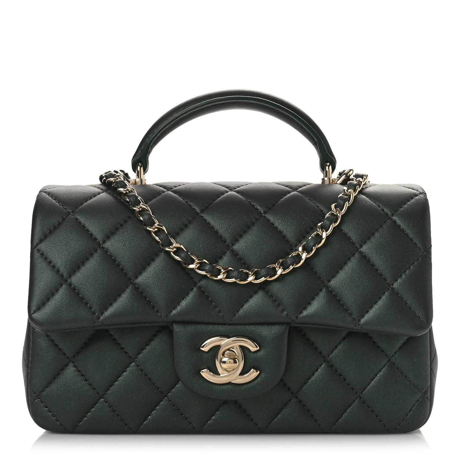 Chanel Iridescent Lambskin Quilted Mini Top Handle Rectangular Flap Dark Green 1 of 10
