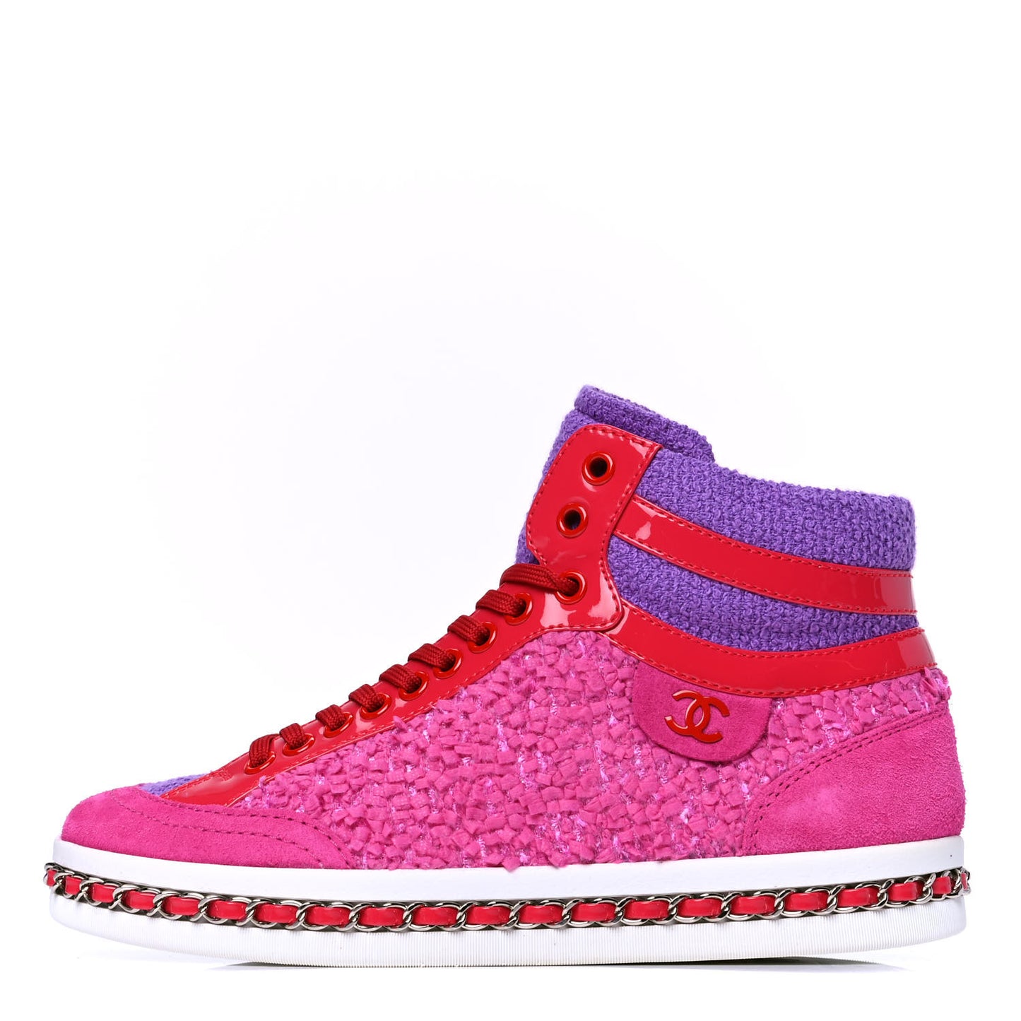Tweed Patent Calfskin High Top Sneakers 36 Pink Purple